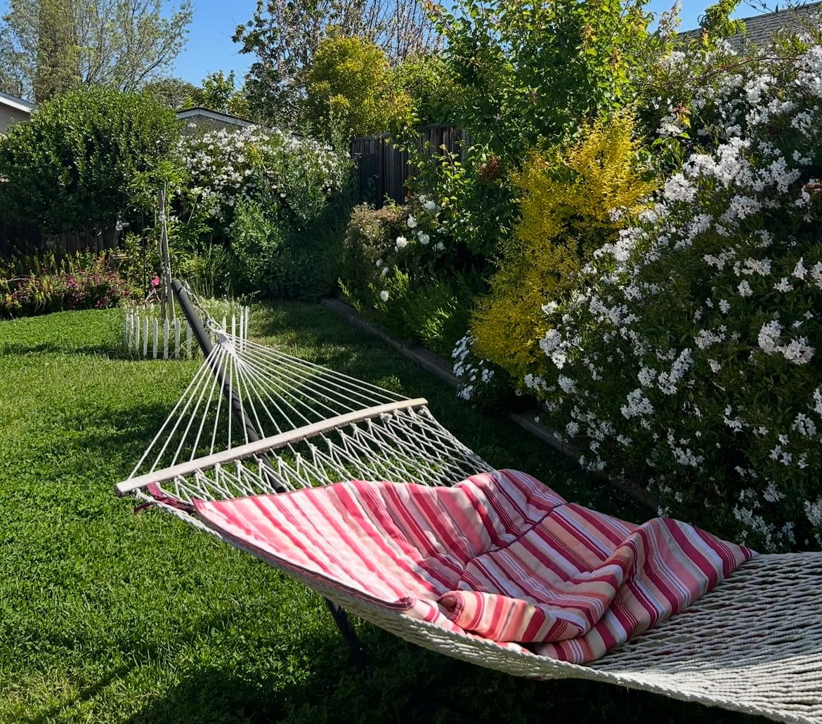 Sunnydaze Rope Double Hammock with Stand for Outside - Heavy Duty Freestanding Portable Outdoor Hammock Set with Quilted Pad, Pillow, and 12-Foot Steel Frame - 450 lb Capacity - Desert Stripe customer photo 1