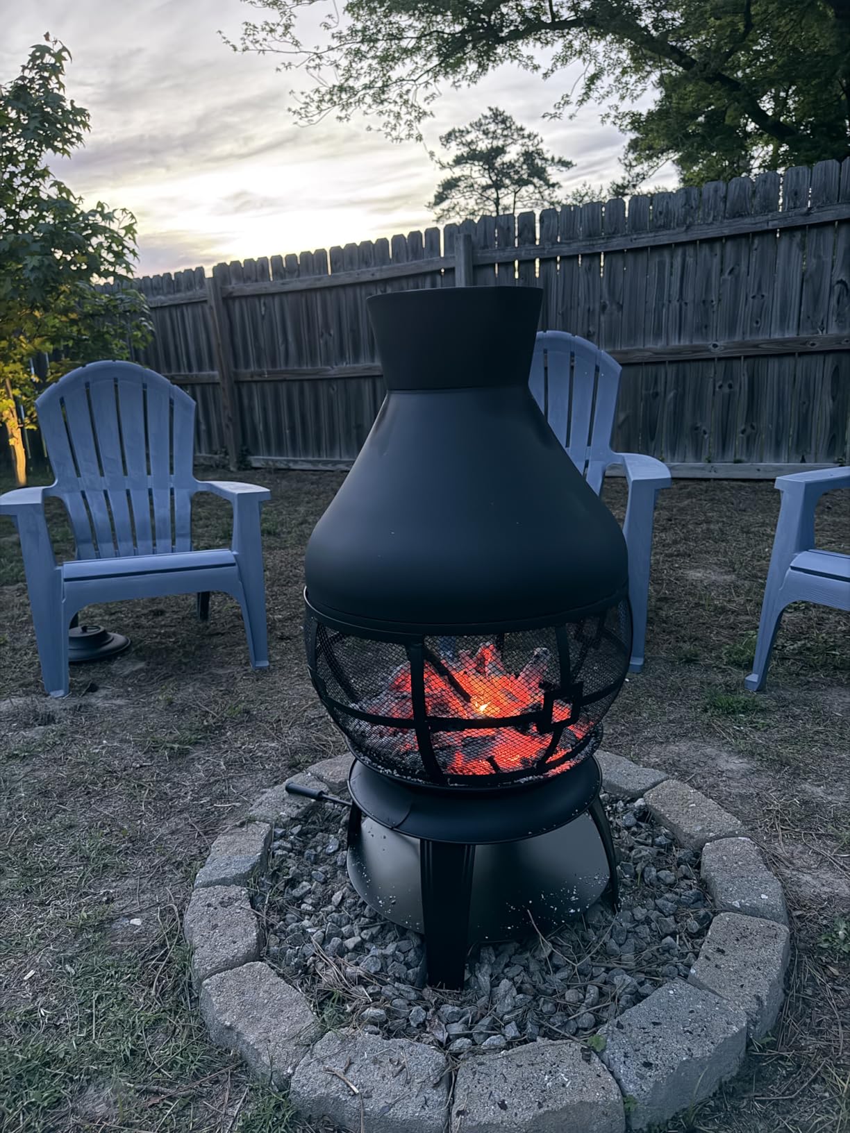 Giantex Wood Burning Chiminea, Heavy Duty Fireplace Chiminea Wooden Fire Pit with 2-piece Log Grate, Premium Rain Cap & Fire Poker, 360 Fire Retardant Mesh Cover, Ideal for Garden, Patio, Backyard customer photo 2