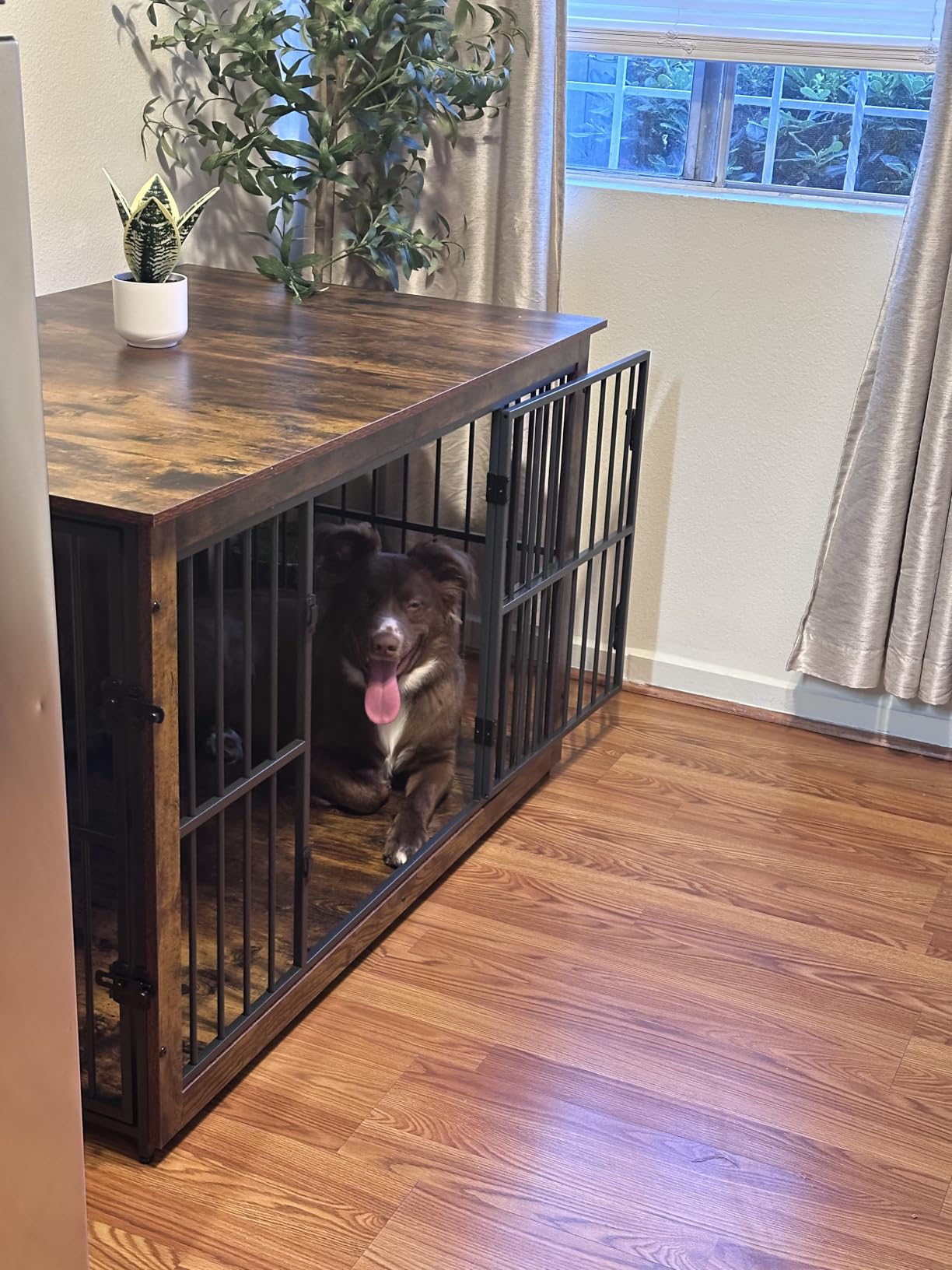 Feandrea Dog Crate Furniture, 38 Inches Dog Kennel for Dogs up to 70 lb, with Removable Tray, Heavy-Duty Dog Cage End Table Indoor, Double Doors Dog House, Easy to Clean, Rustic Brown customer photo 1