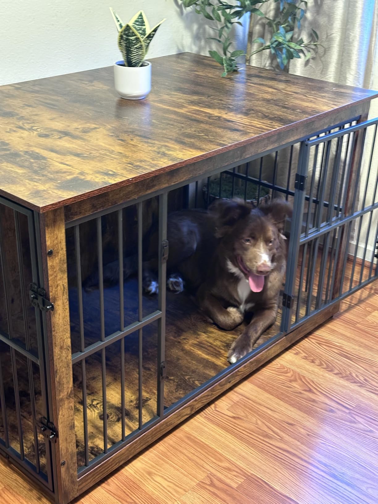 Feandrea Dog Crate Furniture, 38 Inches Dog Kennel for Dogs up to 70 lb, with Removable Tray, Heavy-Duty Dog Cage End Table Indoor, Double Doors Dog House, Easy to Clean, Rustic Brown customer photo 2
