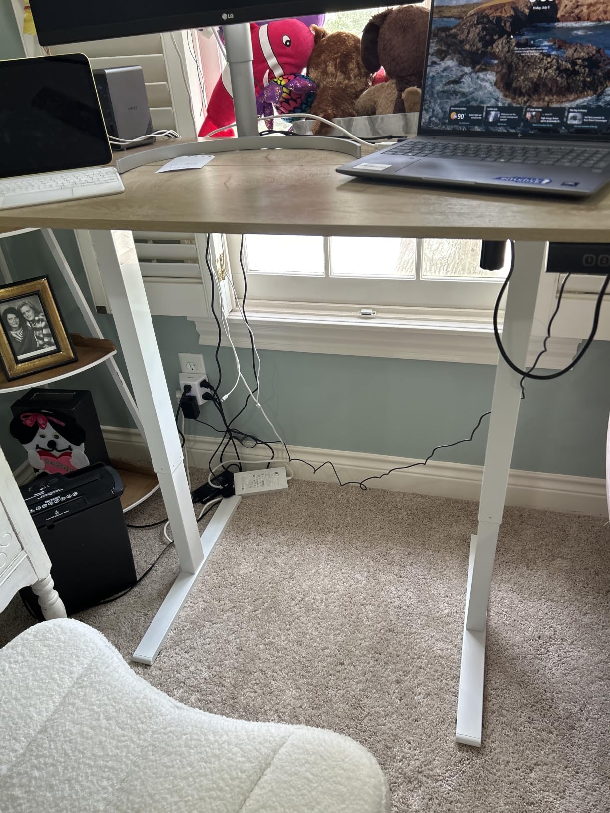 Cubiker Standing Desk, 48x24 Inches Sit Stand Home Office Desk, Electric Stand up Desk, Adjustable Desk with Splice Board, White Frame/Maple Top customer photo 2