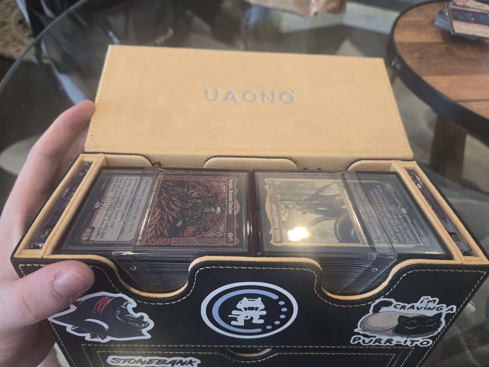 UAONO MTG Commander Deck Box, 3-in-1 Magnetic Card Box with 2 Top Loaders Display & 1 Dice Tray, Fits 200 Double Sleeved, Card Organizer Compatible with Magic the Gathering(Black Gray) customer photo 1