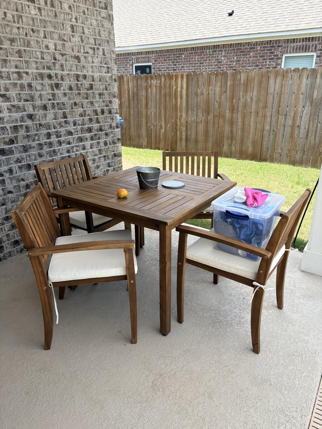Flamaker 5 Piece Outdoor Dining Set Acacia Wood Patio Table and Chairs with Soft Cushions Patio Furniture for Deck, Backyard, Garden customer photo 1