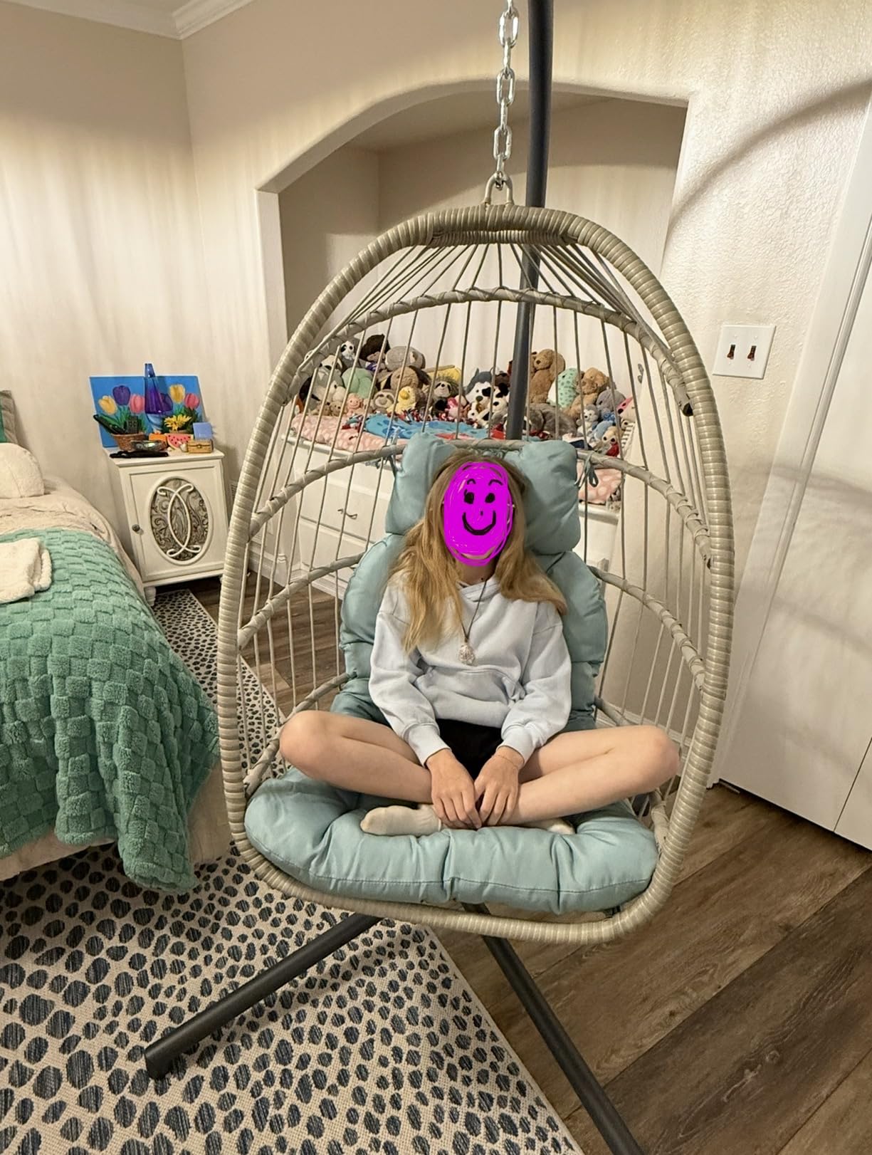 Yechen Hanging Egg Chair with Stand and Footrest for Indoor Outdoor, Foldable Wicker Rattan Patio Egg Swing Chairs Hammock Egg Chair with UV Resistant Cushion for Bedroom Porch, 350 Lbs Capacity customer photo 1