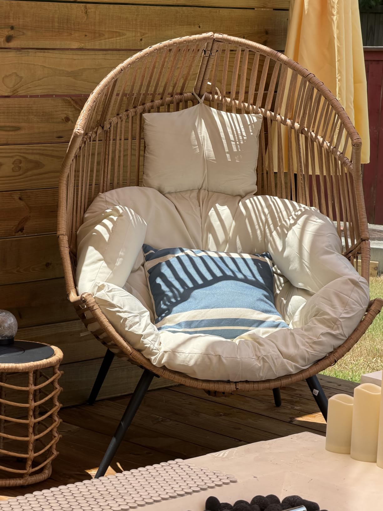 Vongrasig Wicker Egg Chair PE Rattan Rocking Chair with Cushion, Oversized Patio Lounge Rocker Chair for Outdoor, Indoor, Balcony, Backyard, Garden, Beige customer photo 2