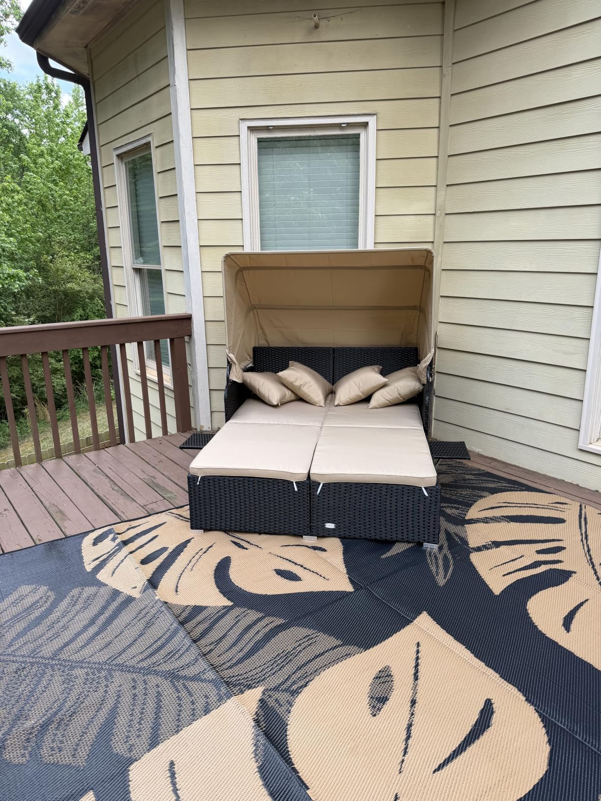 Tangkula Patio Rattan Daybed with Retractable Canopy, Outdoor Wicker Sunbed Lounger with 2 Foldable Side Tables, Thick Seat & Back Cushions, Outside Double Daybed for Garden, Backyard, Porch customer photo 1