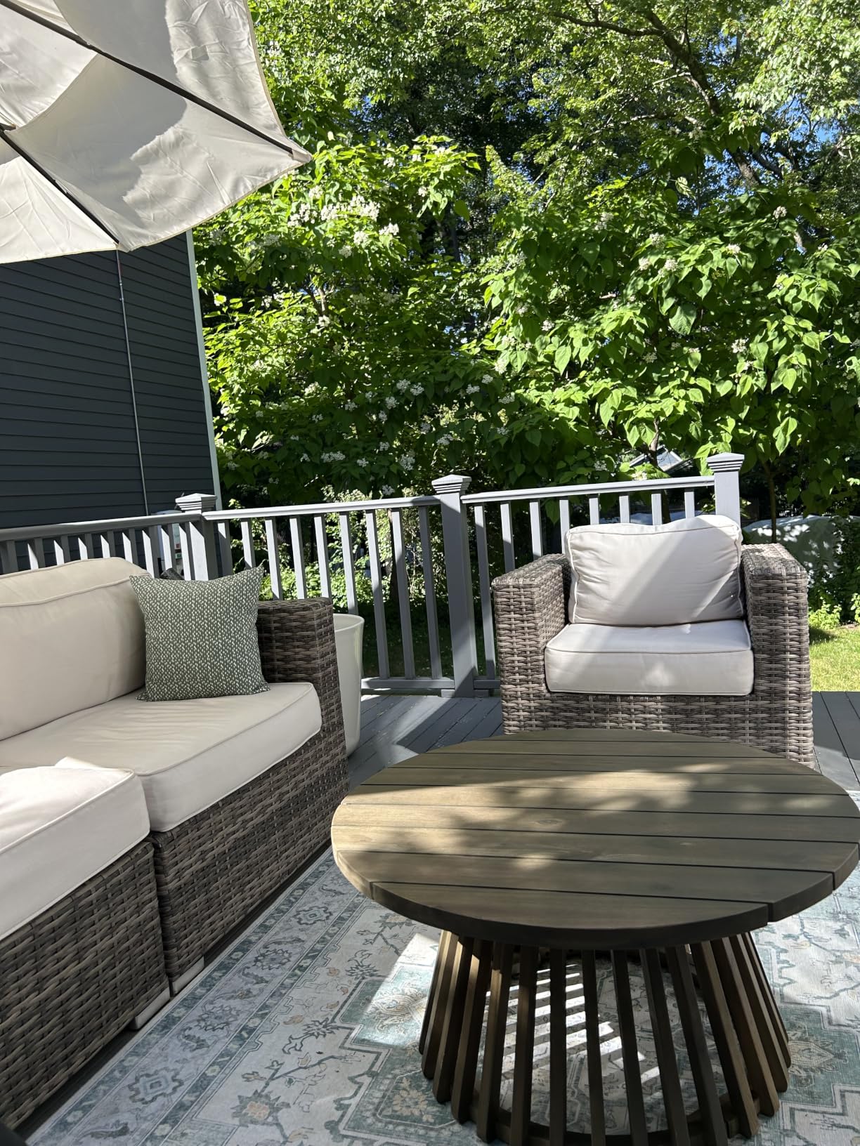 Merax Outdoor 4-Piece Acacia Wood Conversation Set - Patio 3-Seat Loveseat Sofa Daybed with Cushion, 2 Armchair and Round Coffee Table (Teak + Beige) customer photo 1