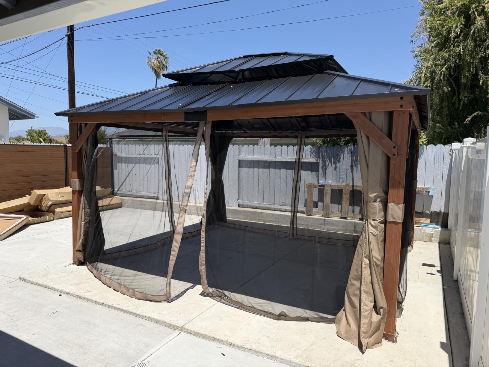 Modern Shade Wood Gazebo 10' x 12', Permanent Hardtop Gazebo with Double Galvanized Steel Roof, Mosquito Netting and Yard-Dyed Curtains, Outdoor Cedar Gazebo with Sturdy Hooks for Backyard customer photo 1