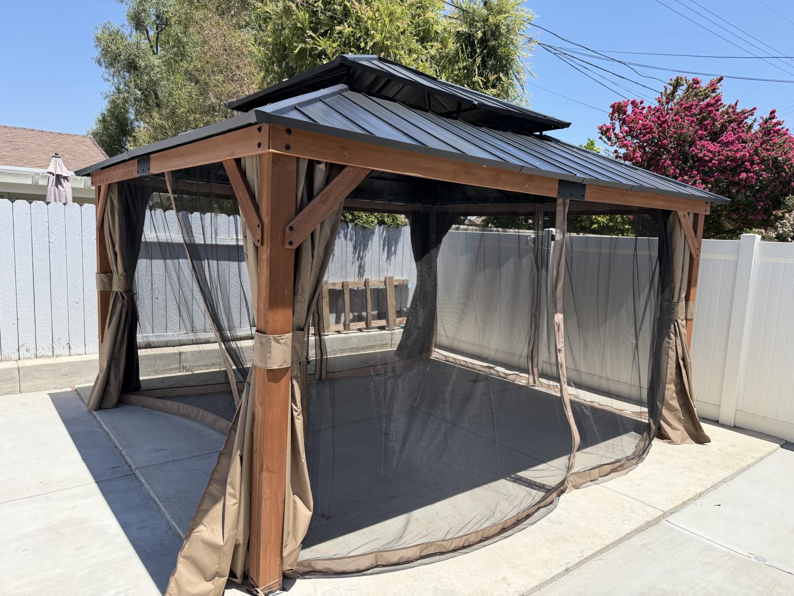 Modern Shade Wood Gazebo 10' x 12', Permanent Hardtop Gazebo with Double Galvanized Steel Roof, Mosquito Netting and Yard-Dyed Curtains, Outdoor Cedar Gazebo with Sturdy Hooks for Backyard customer photo 2