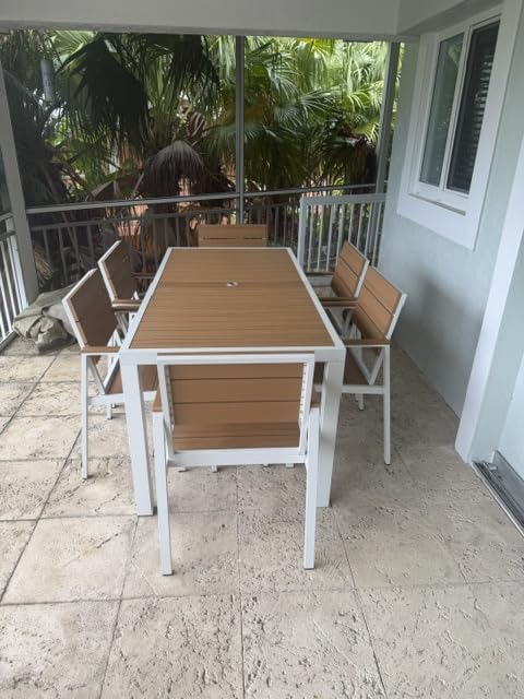 Vexwalx 7-Piece Outdoor Dining Set, Aluminum Dining Table Set for 6, Patio Table and Chairs Set with Umbrella Hole (Gray-Teak) customer photo 2