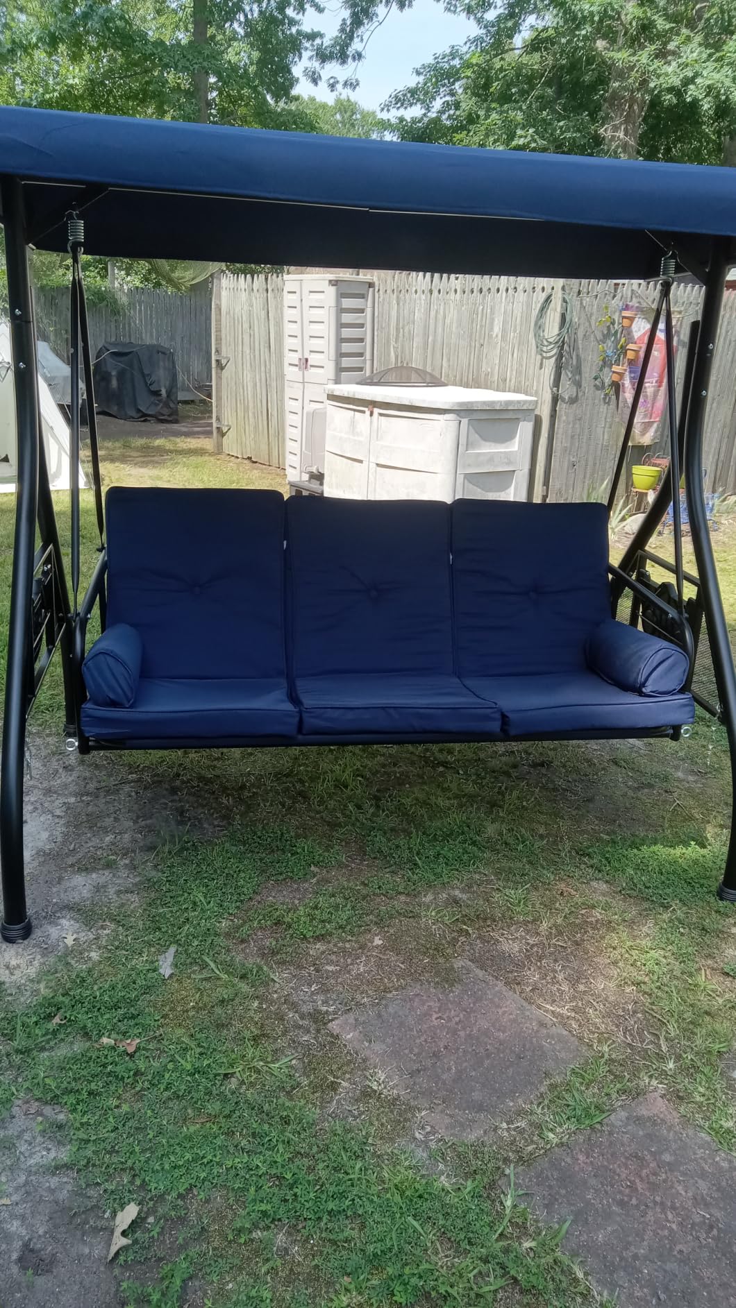 Aoxun Outdoor Porch Swing with Stand and Canopy, 3 Seats Outdoor Swings for Adults, Convertible 2 in 1 Swing Bed with Cup Holder, Patio Swings with Thicken Cushions for Garden, Yard & Balcony, Blue customer photo 1
