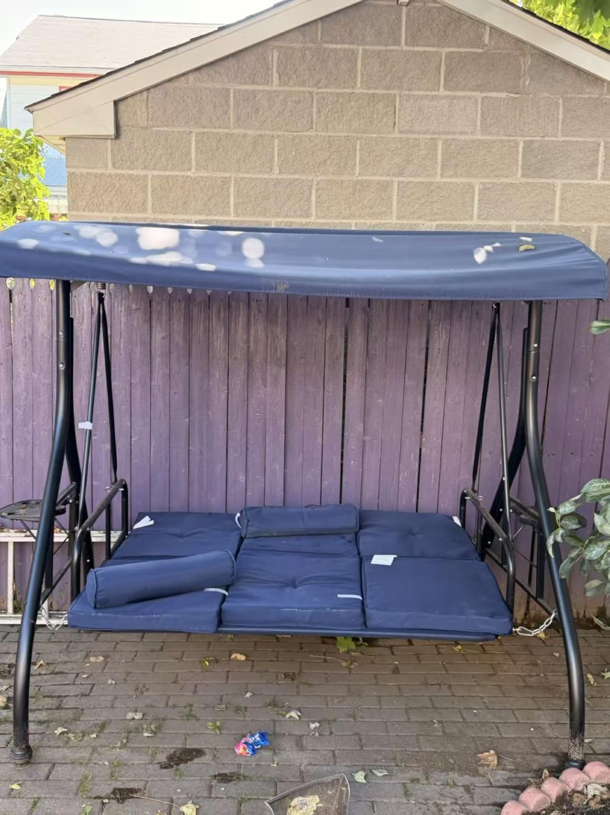 Aoxun Outdoor Porch Swing with Stand and Canopy, 3 Seats Outdoor Swings for Adults, Convertible 2 in 1 Swing Bed with Cup Holder, Patio Swings with Thicken Cushions for Garden, Yard & Balcony, Blue customer photo 2