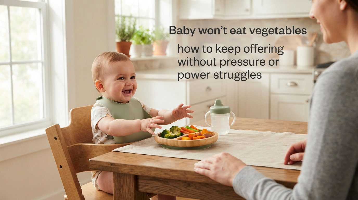 Baby won't eat vegetables how to keep offering without pressure or power struggles