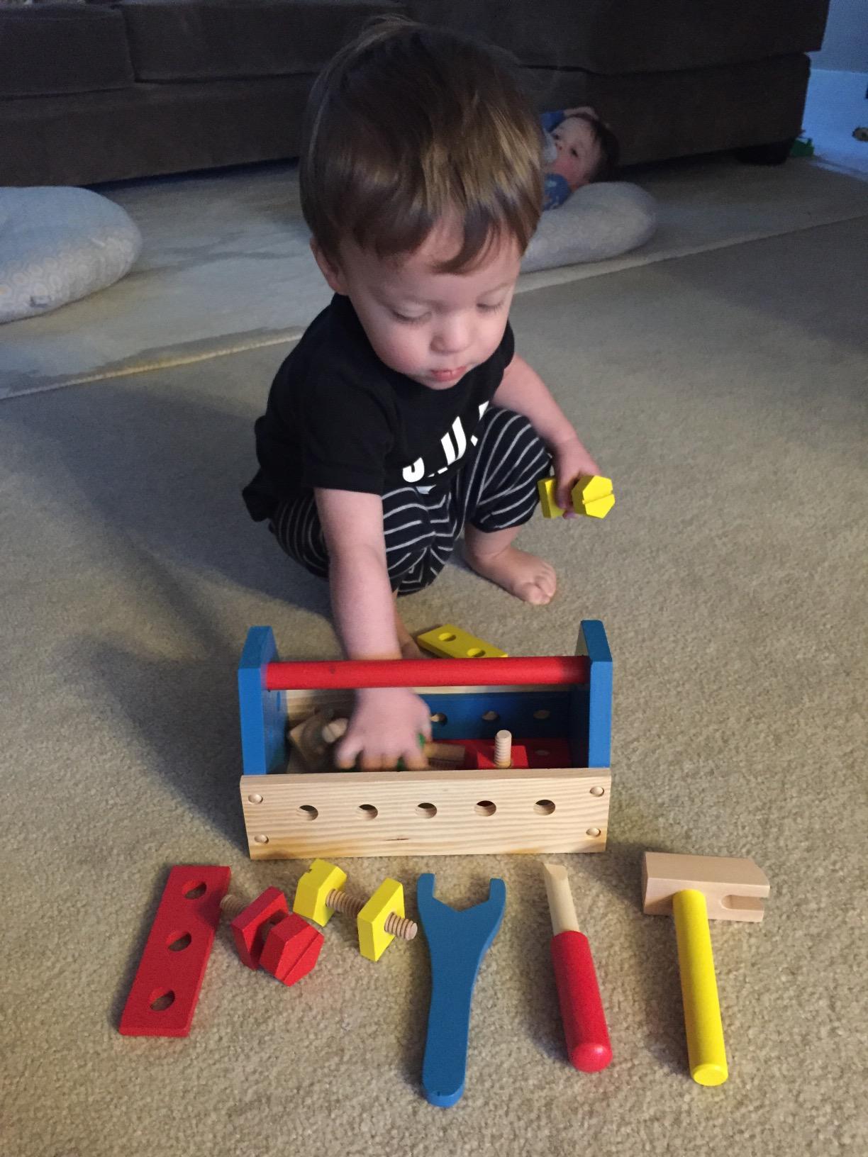 Melissa & Doug Take-Along Tool Kit Wooden Construction Toy (24 pcs) - 24 Wooden Pieces, Kid Friendly Tools, Pretend Play Construction Toys, Ages 3+ customer photo 1