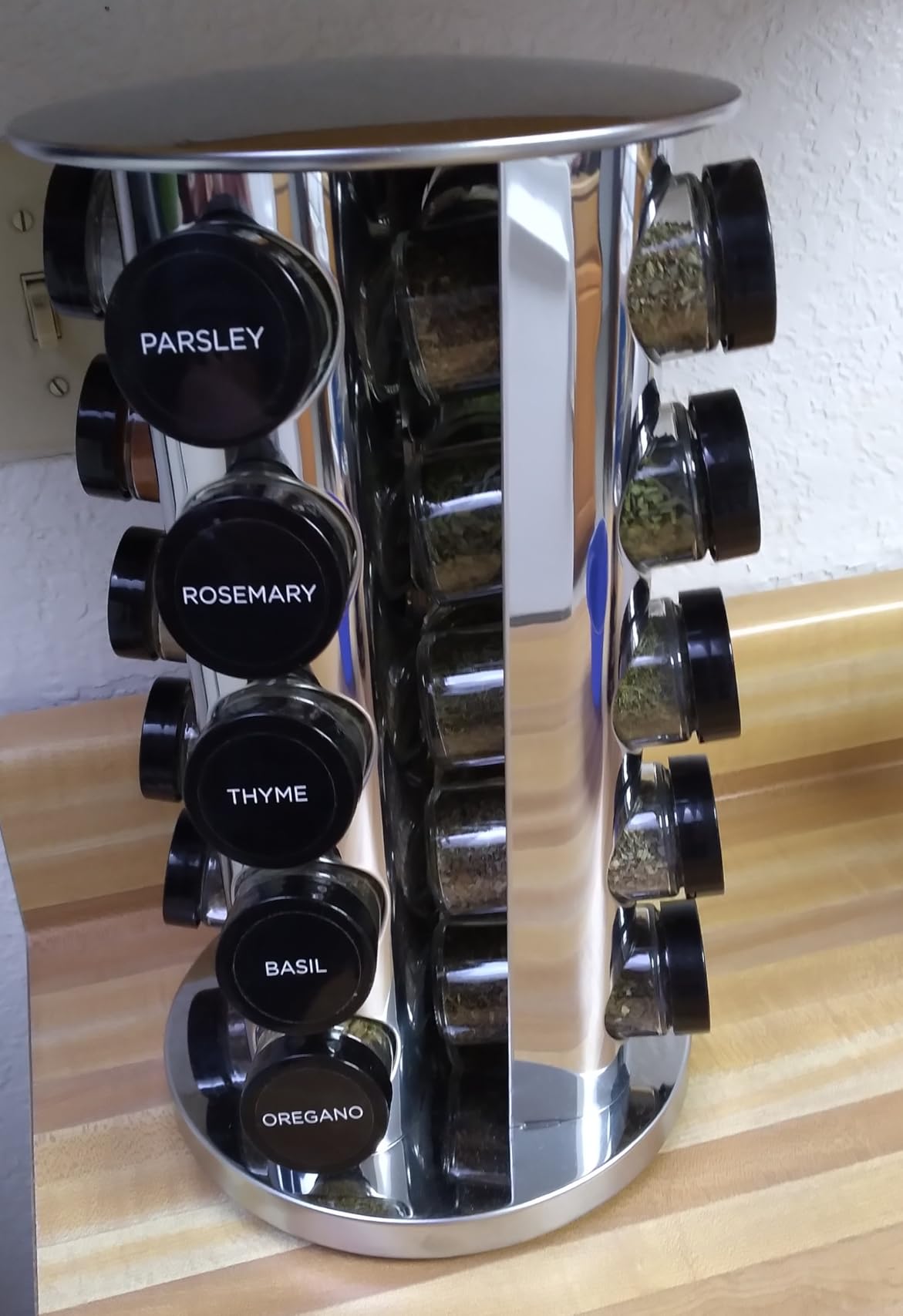 Kamenstein 20 Jar Revolving Countertop Spice Rack with Spices Included, FREE Spice Refills for 5 Years, Polished Stainless Steel with Black Caps, 30020 customer photo 1