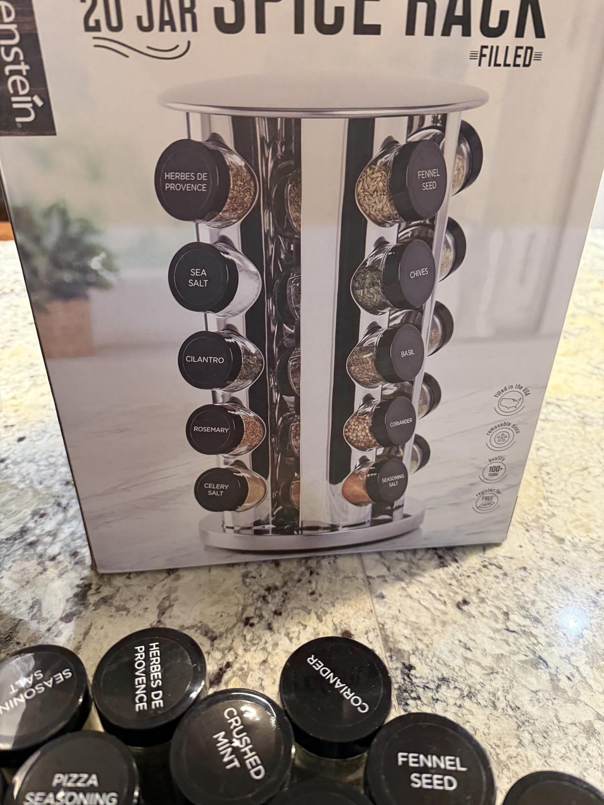 Kamenstein 20 Jar Revolving Countertop Spice Rack with Spices Included, FREE Spice Refills for 5 Years, Polished Stainless Steel with Black Caps, 30020 customer photo 2