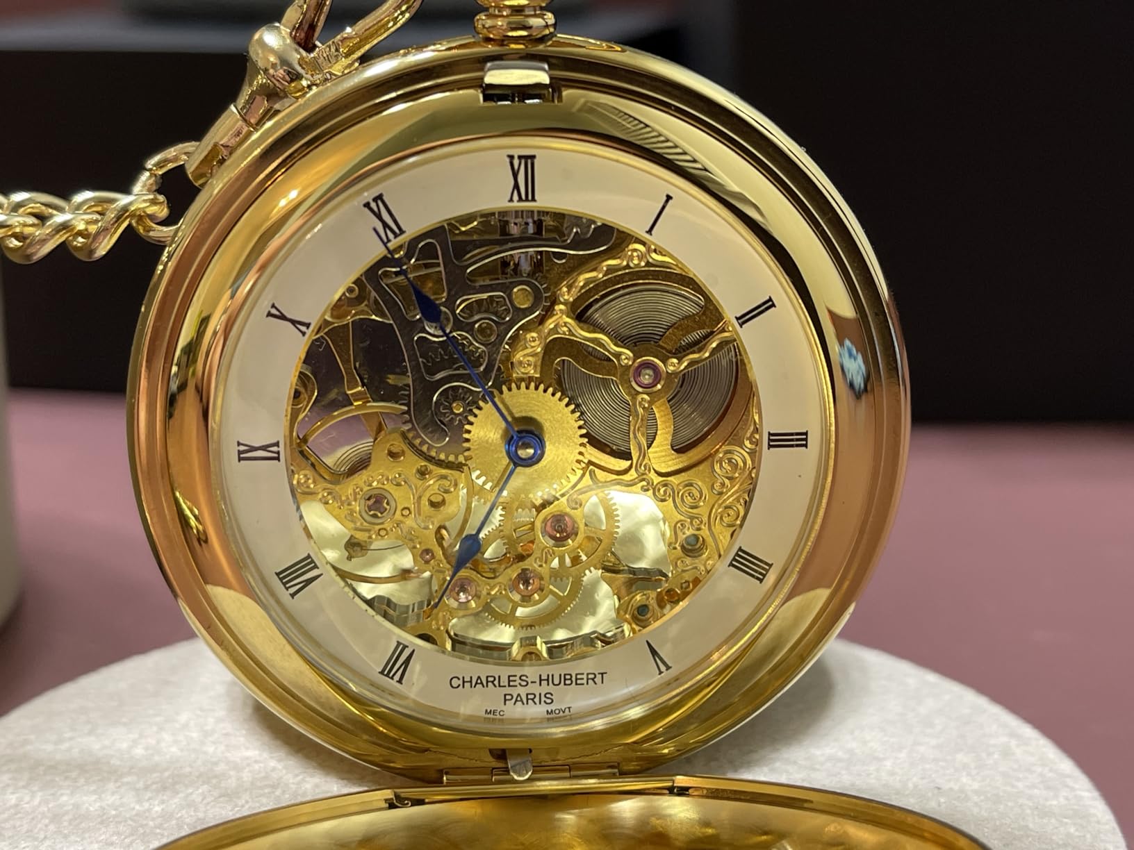 Charles-Hubert, Paris 3904-G Premium Collection Gold-Plated Stainless Steel Polished Finish Double Hunter Case Mechanical Pocket Watch customer photo 1