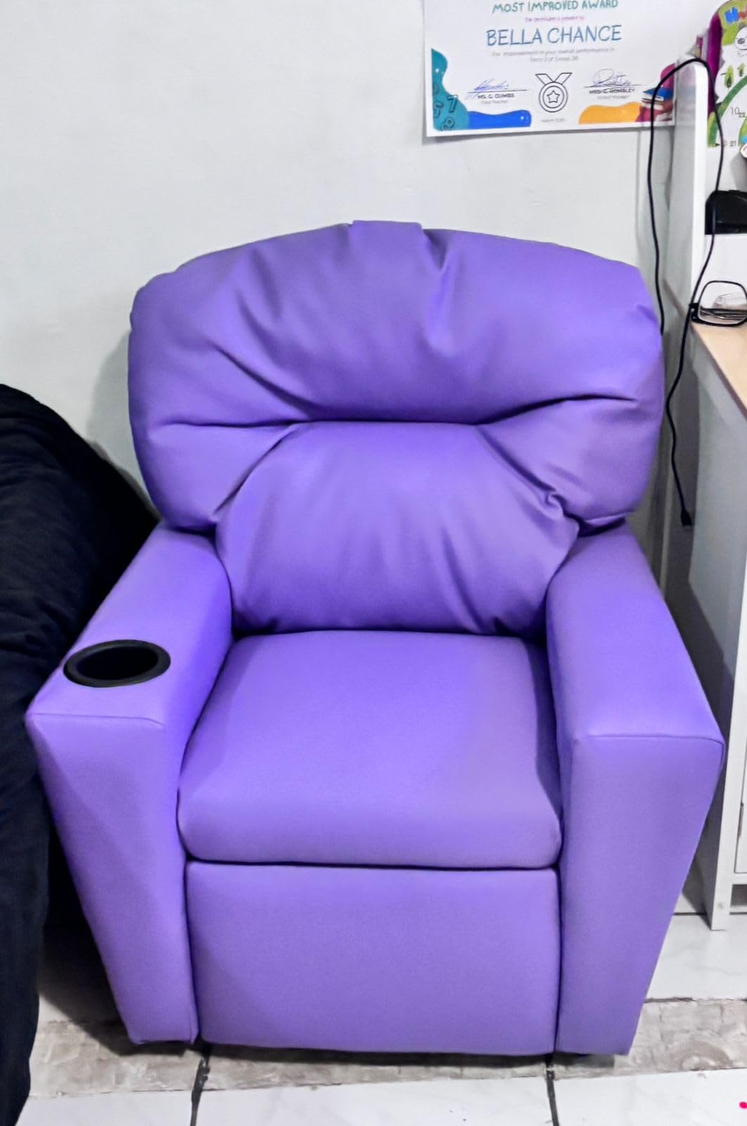 Flash Furniture Chandler Vinyl Kids Recliner with Cup Holder and Safety Recline, Contemporary Reclining Chair for Kids, Supports up to 90 lbs., Lavender customer photo 1