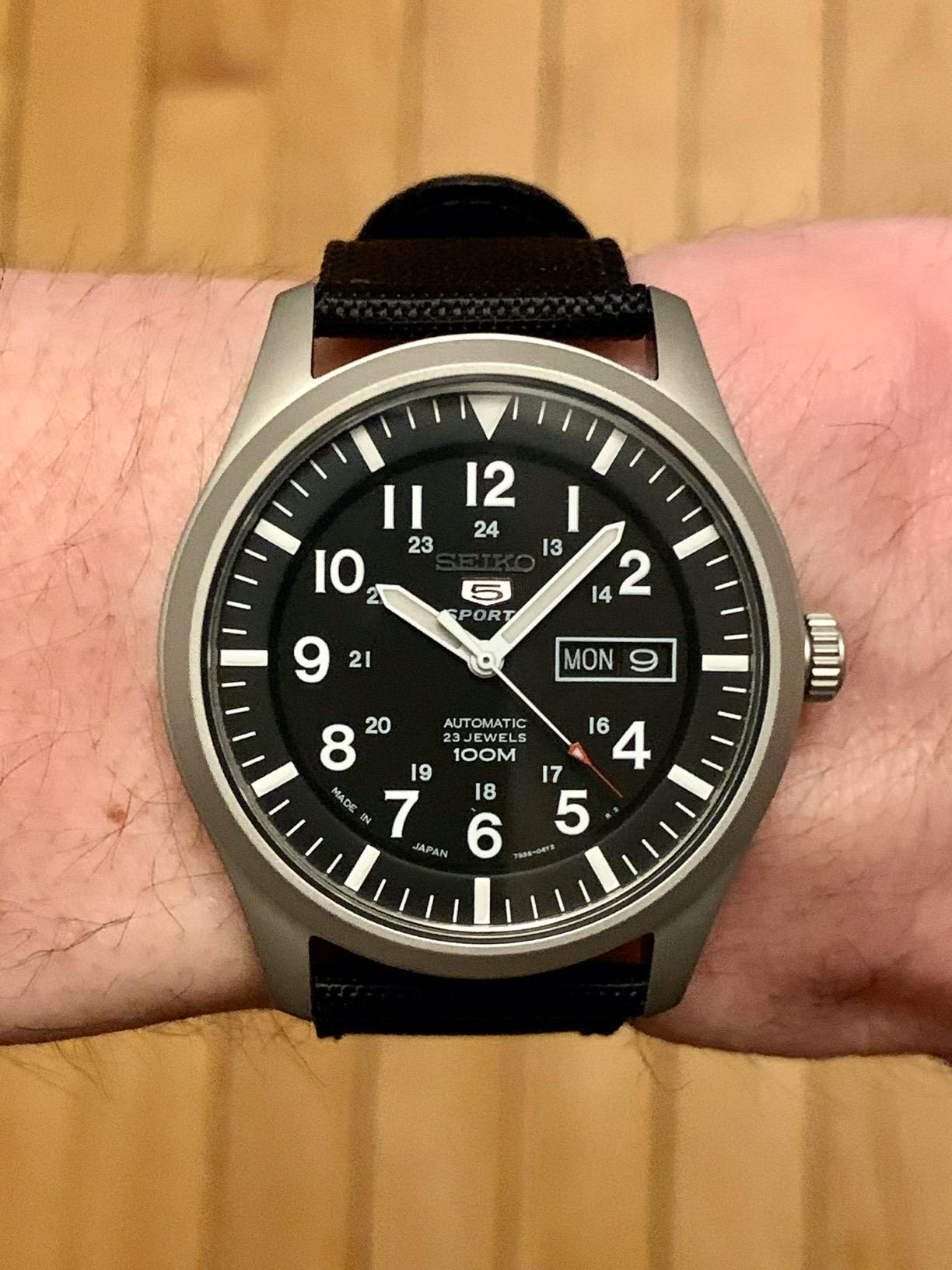 SEIKO 5 Sports Automatic Made in Japan Black Dial Nylon Strap Watch SNZG15J1 Men's customer photo 2