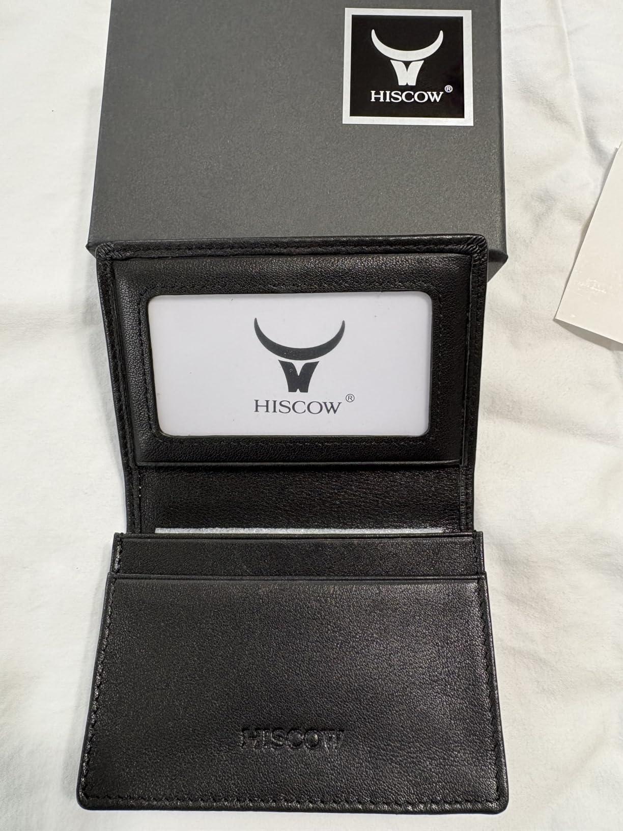 HISCOW Full Grain Leather Business Card Holder Case | Minimalist EDC wallet, gusset holds 25 cards, ID window, fits folded bills, bifold profile, premium gifts for men & women customer photo 1