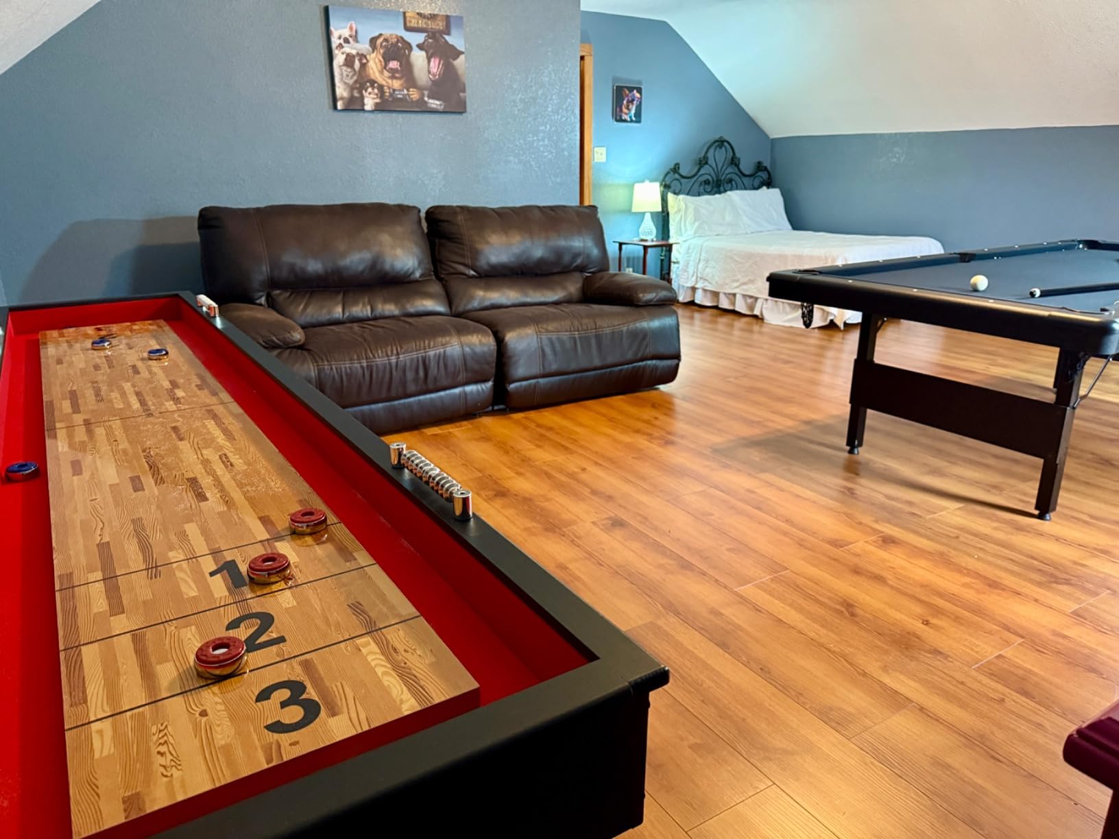 Hathaway Avenger 9 Ft Shuffleboard Table for Family Game Room - Poly-Coated Playfield, Built-in Scorer & Cabinet, Carpeted Gutters, 8 Pucks, Brush & Wax - Black Finish customer photo 2