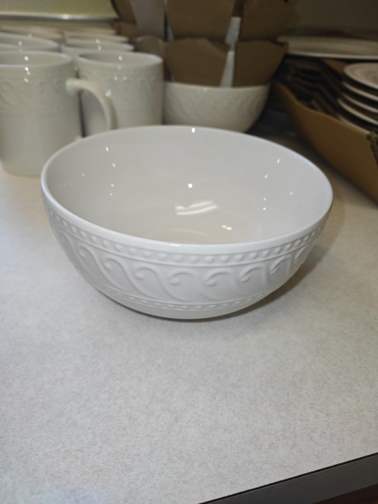 Pfaltzgraff Sylvia Dinnerware Set 32-Piece Service for 8 - White Porcelain Dinner Plates, Salad Plates, Soup Bowls and Mugs with Embossed Scrollwork customer photo 2
