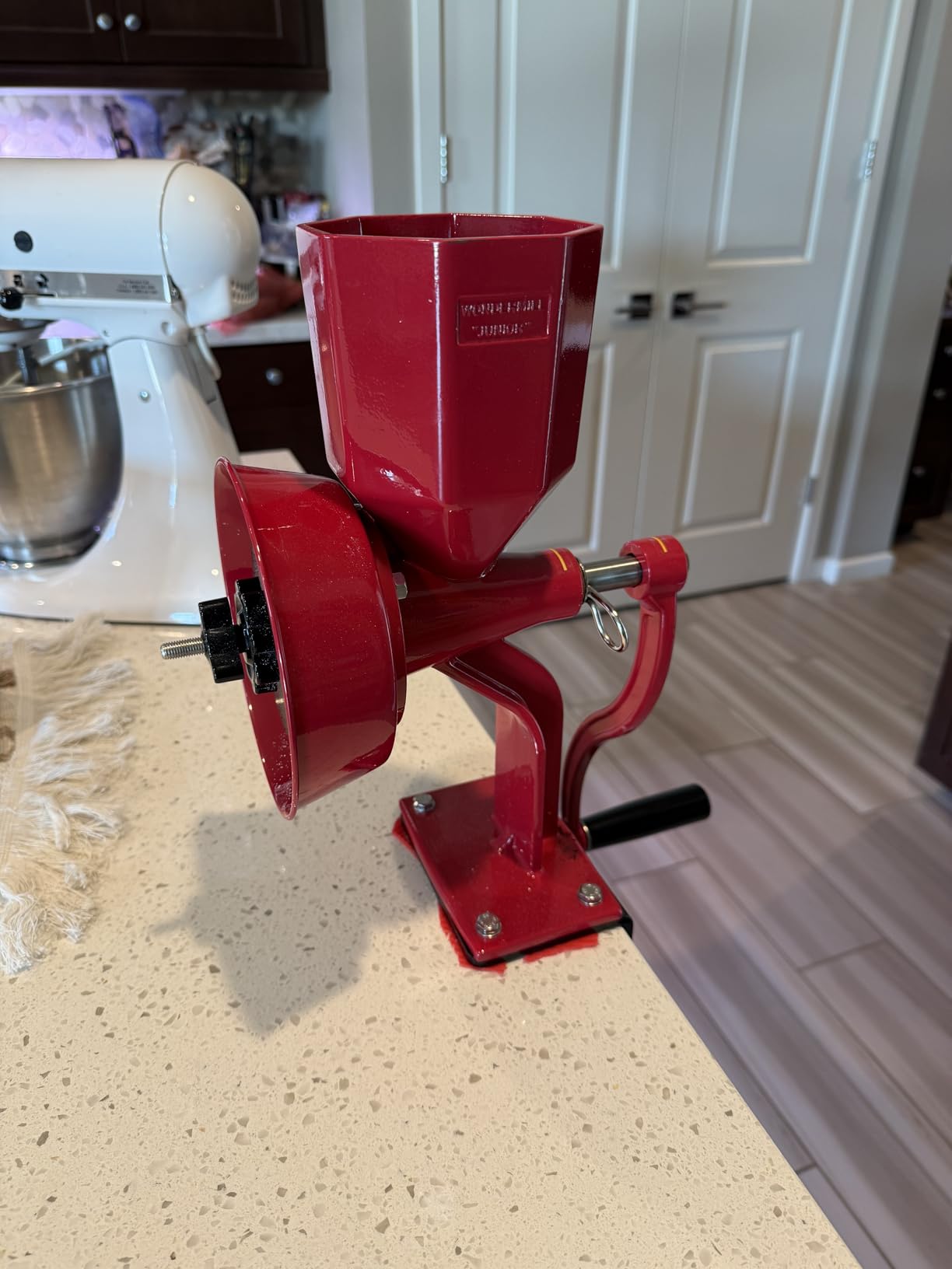 WONDERMILL Junior Deluxe Grain Mill for Flour, Hand Crank Wheat Mill for Grains, Nuts, Seeds, Oily Foods & Spices, Grain Grinder with Stone and Stainless Steel Burrs (Red) customer photo 2