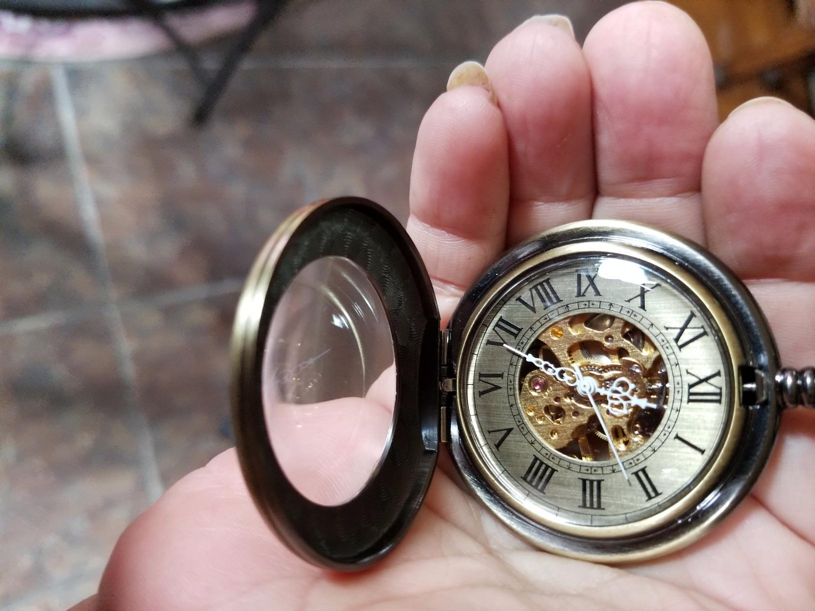 Pocket Watch Mechanical Skeleton Antique Men Bronze Roman Numerals Hand Wind customer photo 1