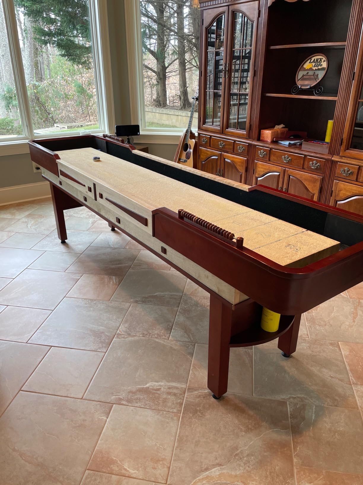 Hathaway Merlot 12 Foot Shuffleboard Table for Family Game Room - with Lacquer Coated Playfield, Built-in Scorer and Cabinet, Climate Adjusters, Leg Levelers, 8 Pucks, Brush, and Wax - Walnut Finish customer photo 2