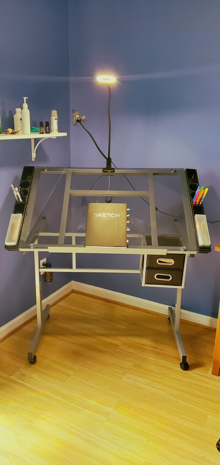 Yaheetech Glass Drafting Table with Storage, Adjustable Art Drawing Desk | Tempered glass top on a steel frame tilts 0-60 degrees for drawing, tracing, or diamond art, plus two fabric drawers and side trays. customer photo 2