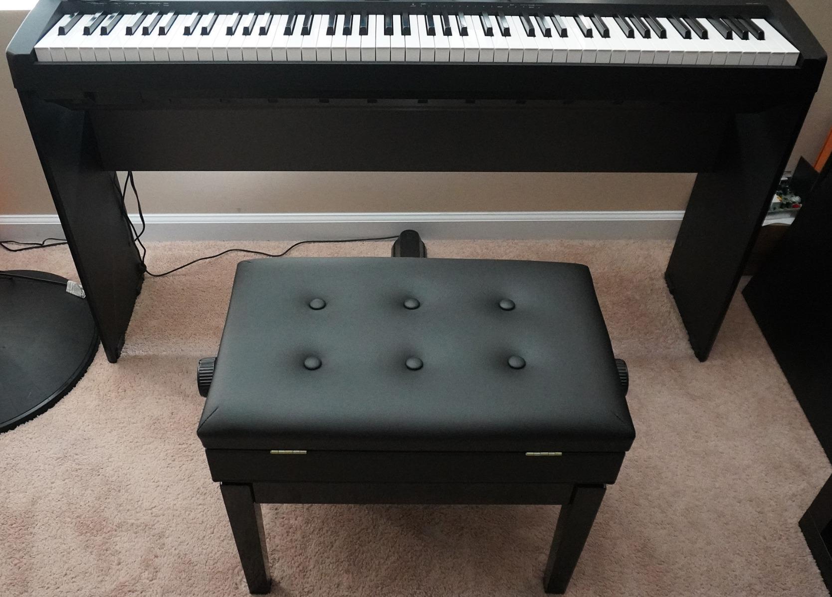 SONGMICS Adjustable Piano Bench with Padded Cushion and Storage Compartment | Tufted Piano Chair Seat, Vanity Stool, 21.6 x 13.2 x 18.5 Inches, Black, MARY Collection ULPB57H customer photo 2