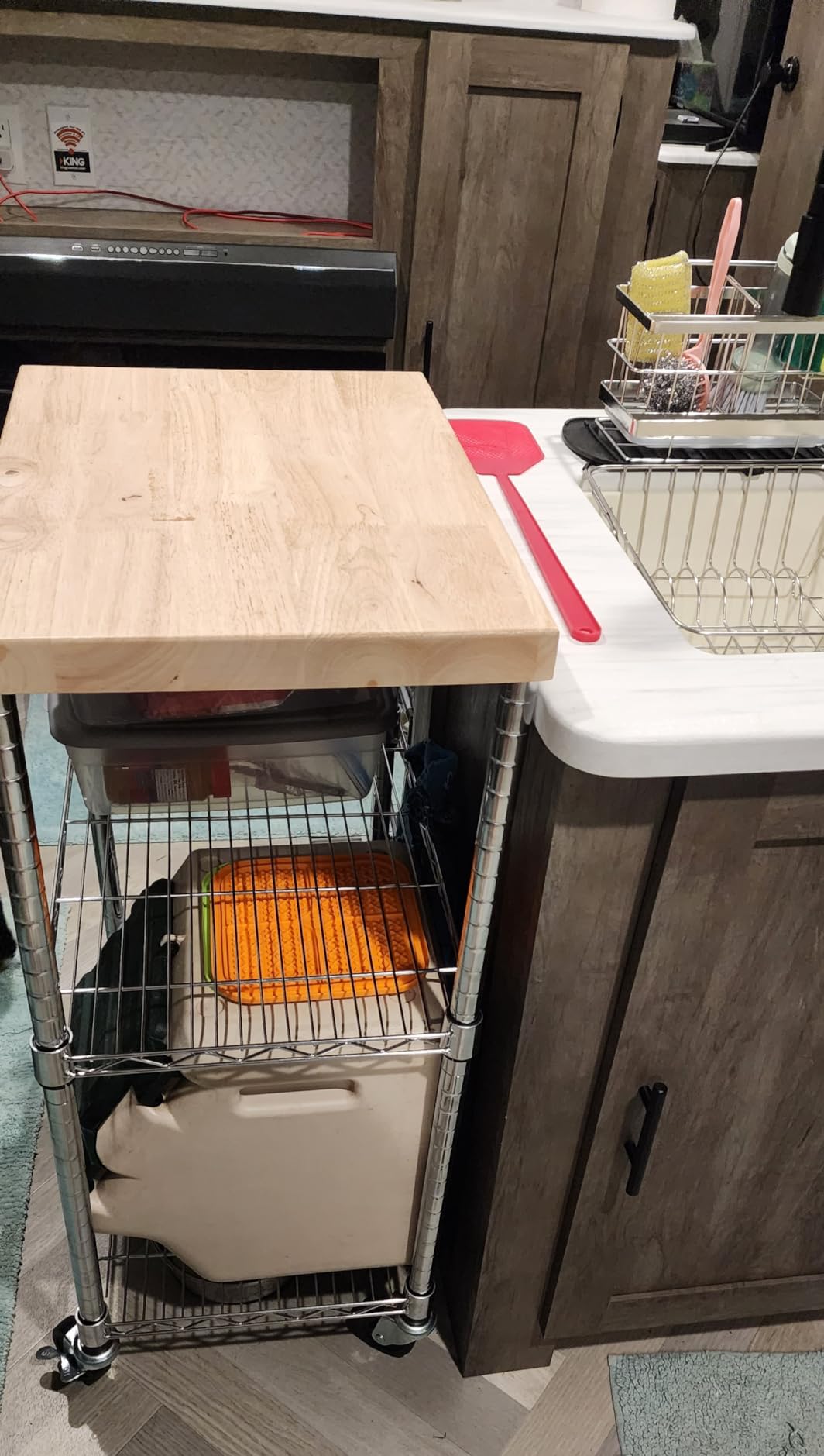 Amazon Basics Portable Kitchen 3-Tier Storage Rack on Caster Wheels with Adjustable 2 Shelves, 175 Pound Capacity, 21 x 15 x 36.7 inches (LxWxH), Wood/Chrome customer photo 1