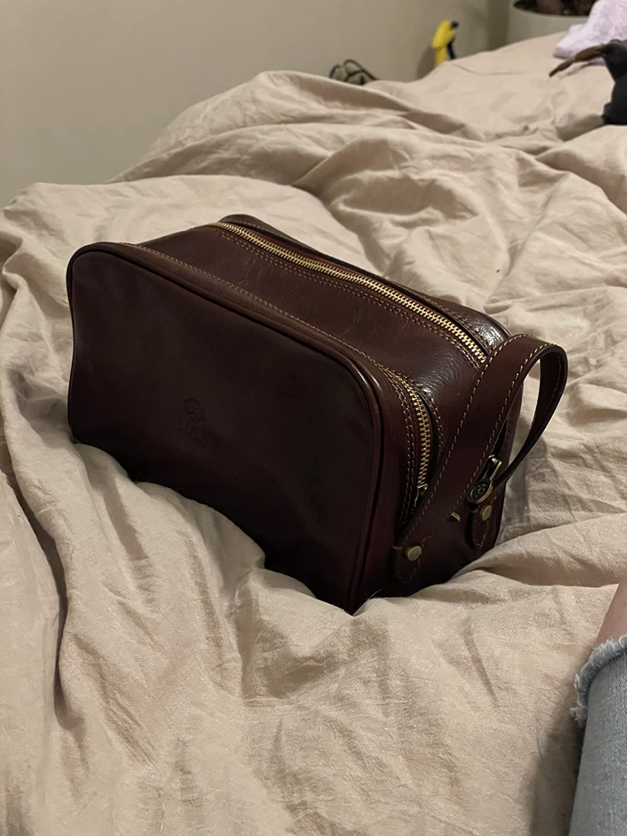Time Resistance Leather Cosmetic Bag - Italian Toiletry Dopp Kit (Brown) customer photo 1