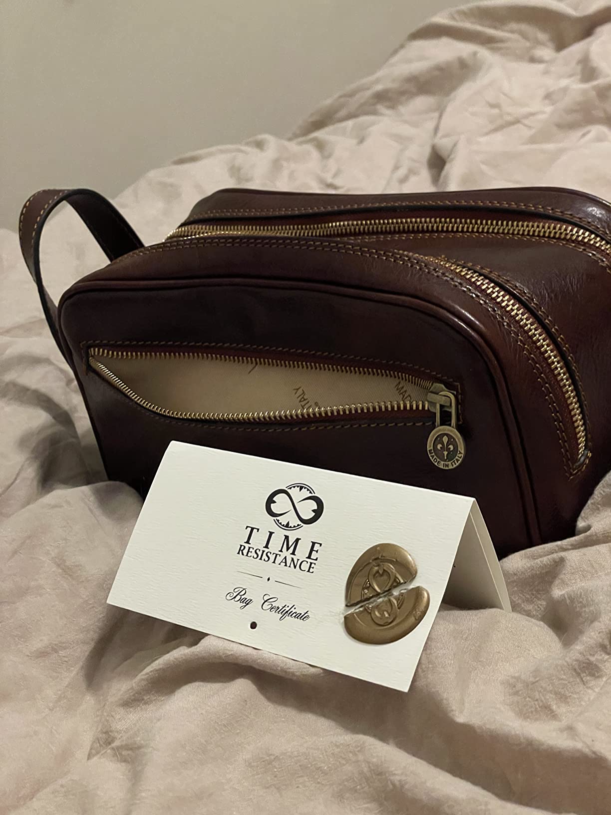 Time Resistance Leather Cosmetic Bag - Italian Toiletry Dopp Kit (Brown) customer photo 2