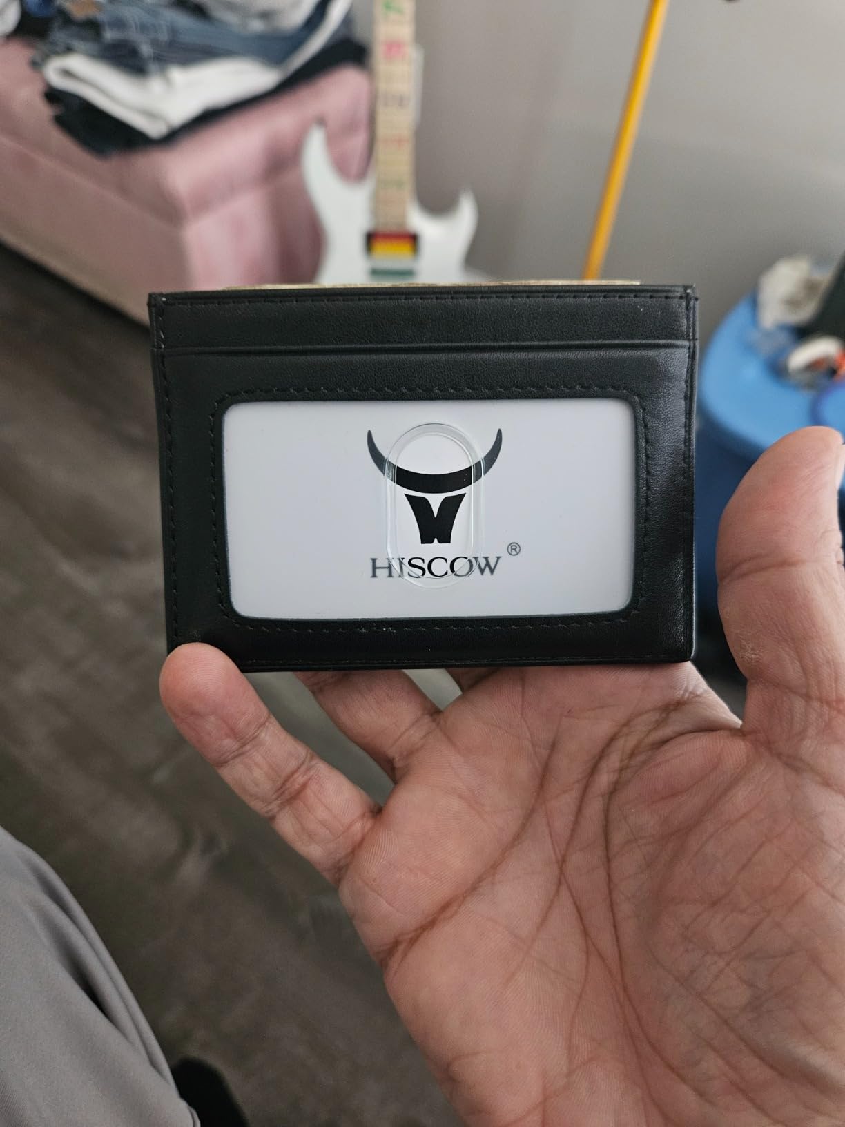 HISCOW Slim Full Grain Leather Card Holder with ID Window, Black | Men's minimalist EDC wallet, front pocket carry, 2 credit card slots & center pocket, fits folded bills, premium gift box customer photo 1