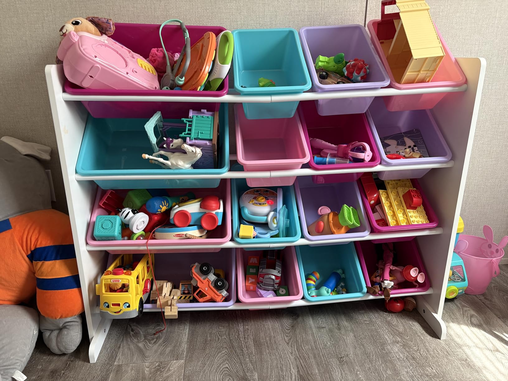 Humble Crew Kids Toy Organizer with 16 Bins, 4 Tier Storage for Playroom | Sturdy wood and steel toddler shelf, removable BPA-free containers, wall anchor anti-tip safety kit for bedroom or classroom customer photo 2