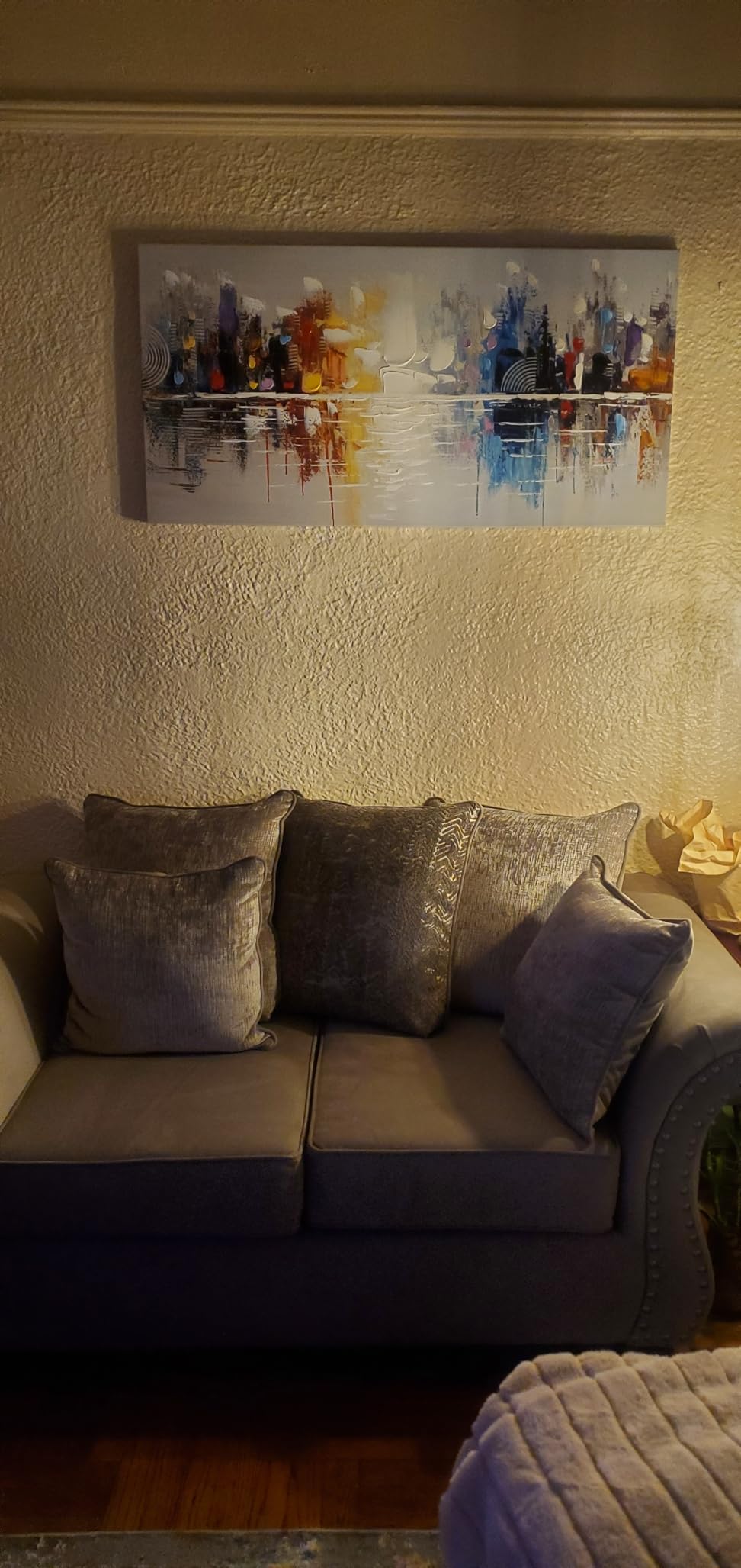 Hand Painted Cityscape Modern Oil Painting on Canvas Reflection Abstract Wall Art Decor (48 x 24 inch) customer photo 1