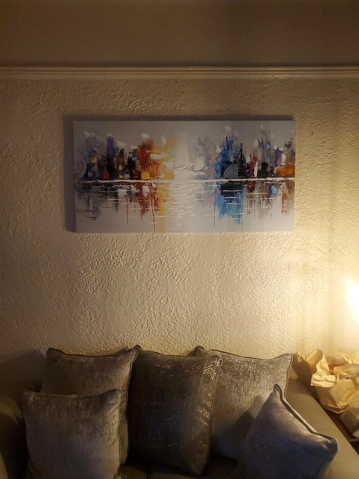 Hand Painted Cityscape Modern Oil Painting on Canvas Reflection Abstract Wall Art Decor (48 x 24 inch) customer photo 2