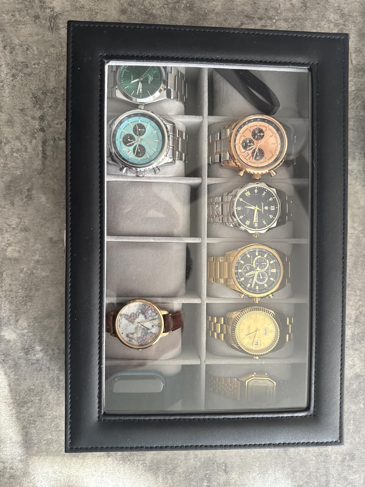 SONGMICS Watch Box, 12-Slot Watch Case Organizer with Large Glass Lid, Removable Pillows, Gift for Loved Ones, Black Synthetic Leather, Gray Lining UJWB12BK customer photo 2