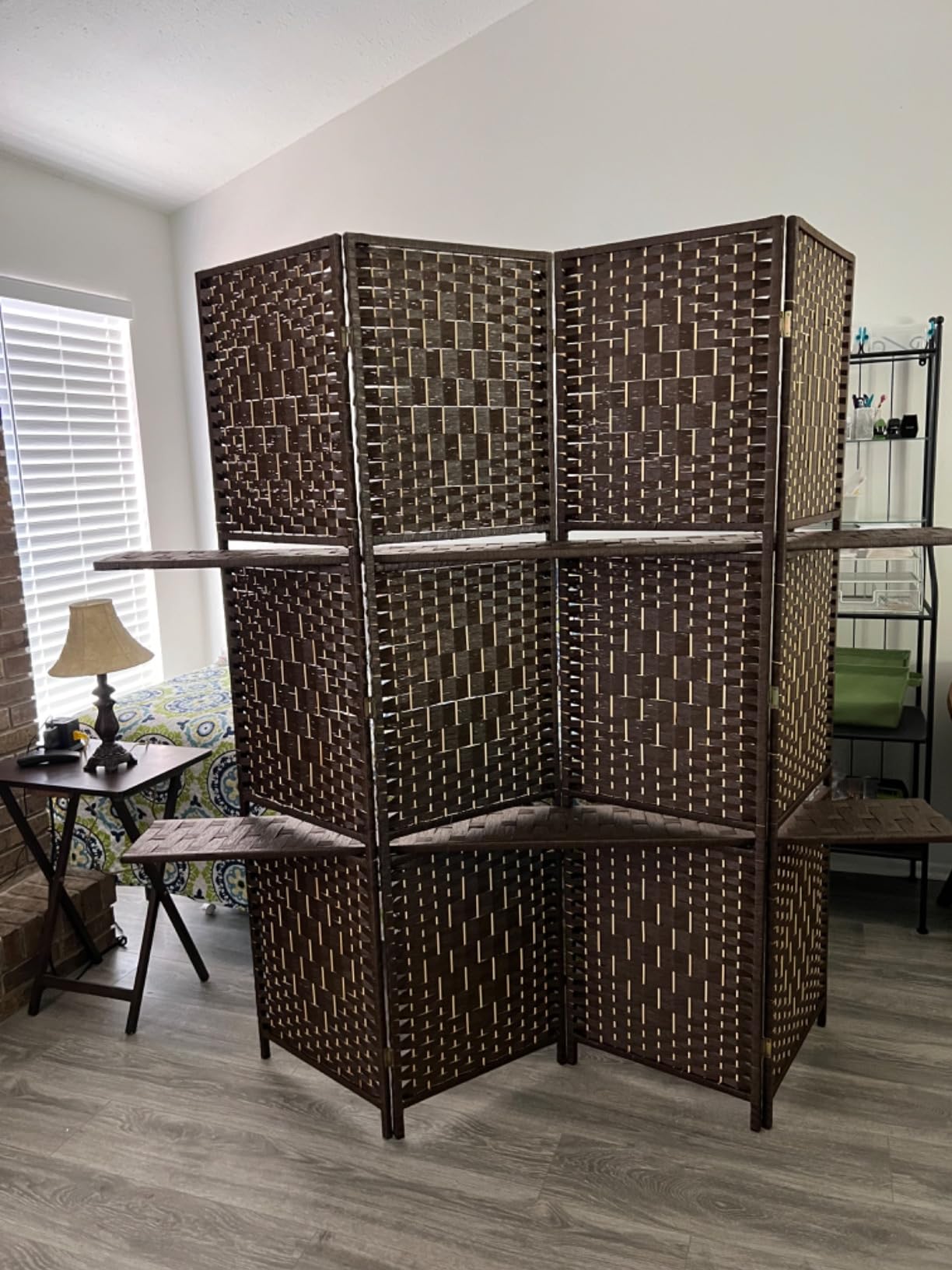 FDW | 4 Panel Folding Room Divider with Shelves | 5.9ft, Brown | Wooden Wall Divider | Hand Woven Mesh, Portable & Foldable | Easy to Move | For Space Separation, Living Room, Bedroom customer photo 1