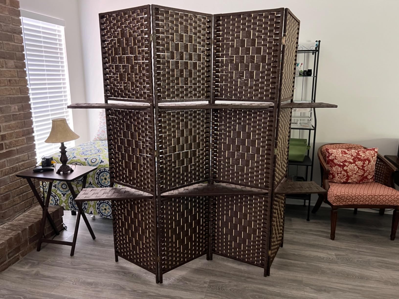 FDW | 4 Panel Folding Room Divider with Shelves | 5.9ft, Brown | Wooden Wall Divider | Hand Woven Mesh, Portable & Foldable | Easy to Move | For Space Separation, Living Room, Bedroom customer photo 2
