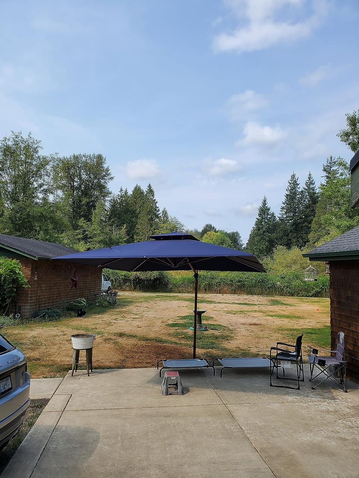 PURPLE LEAF Cantilever Umbrella 10ft Double Top Wood-Grain Finish, Cream | Braced frame holds firm, 240GSM fade-resistant fabric, UPF 50+ Protection, Long-lasting aluminum, Base needed for stability customer photo 1