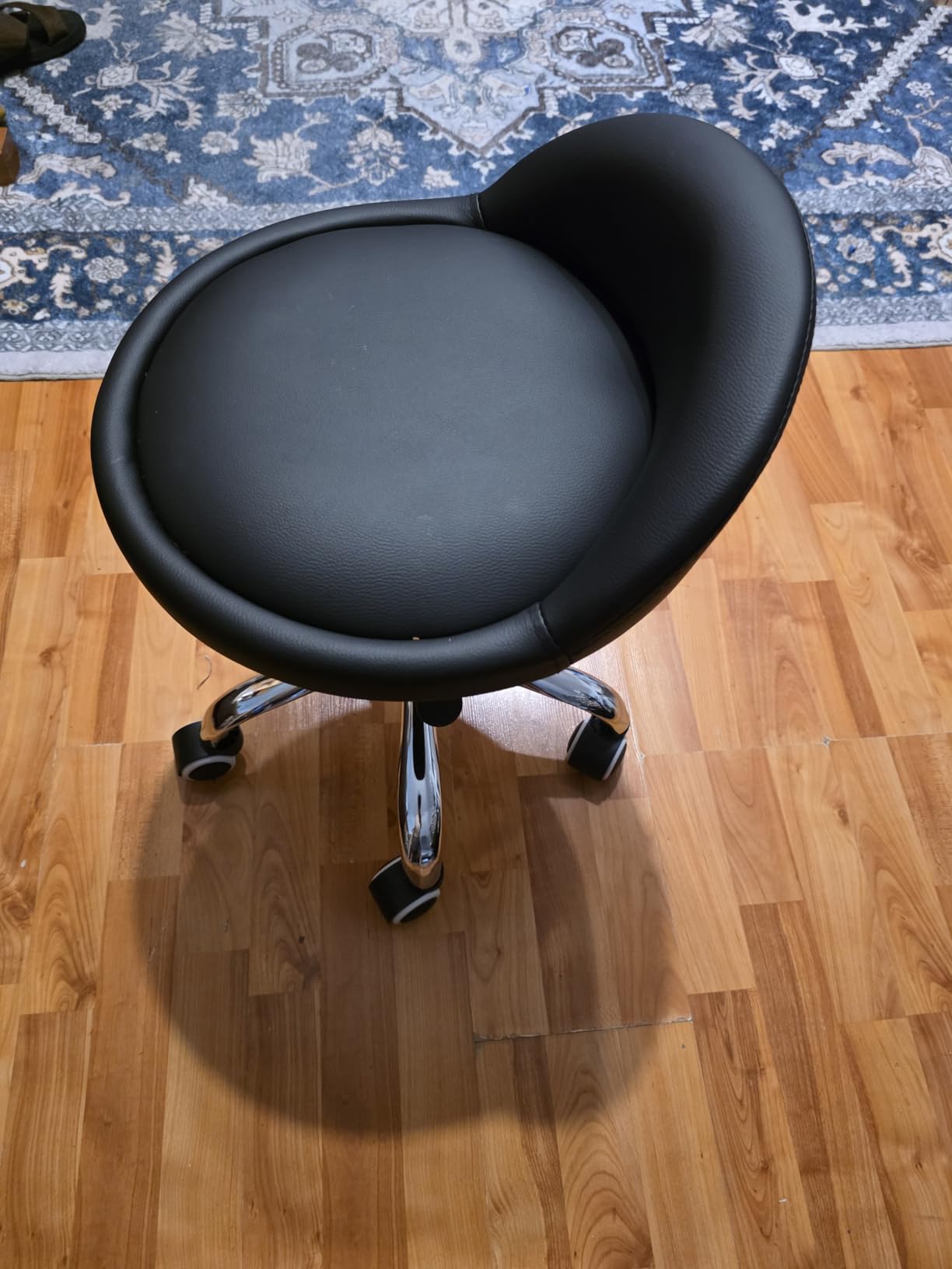KKTONER PU Leather Round Rolling Stool with Back Rest Height Adjustable Swivel Drafting Work SPA Task Chair with Wheels Black customer photo 2