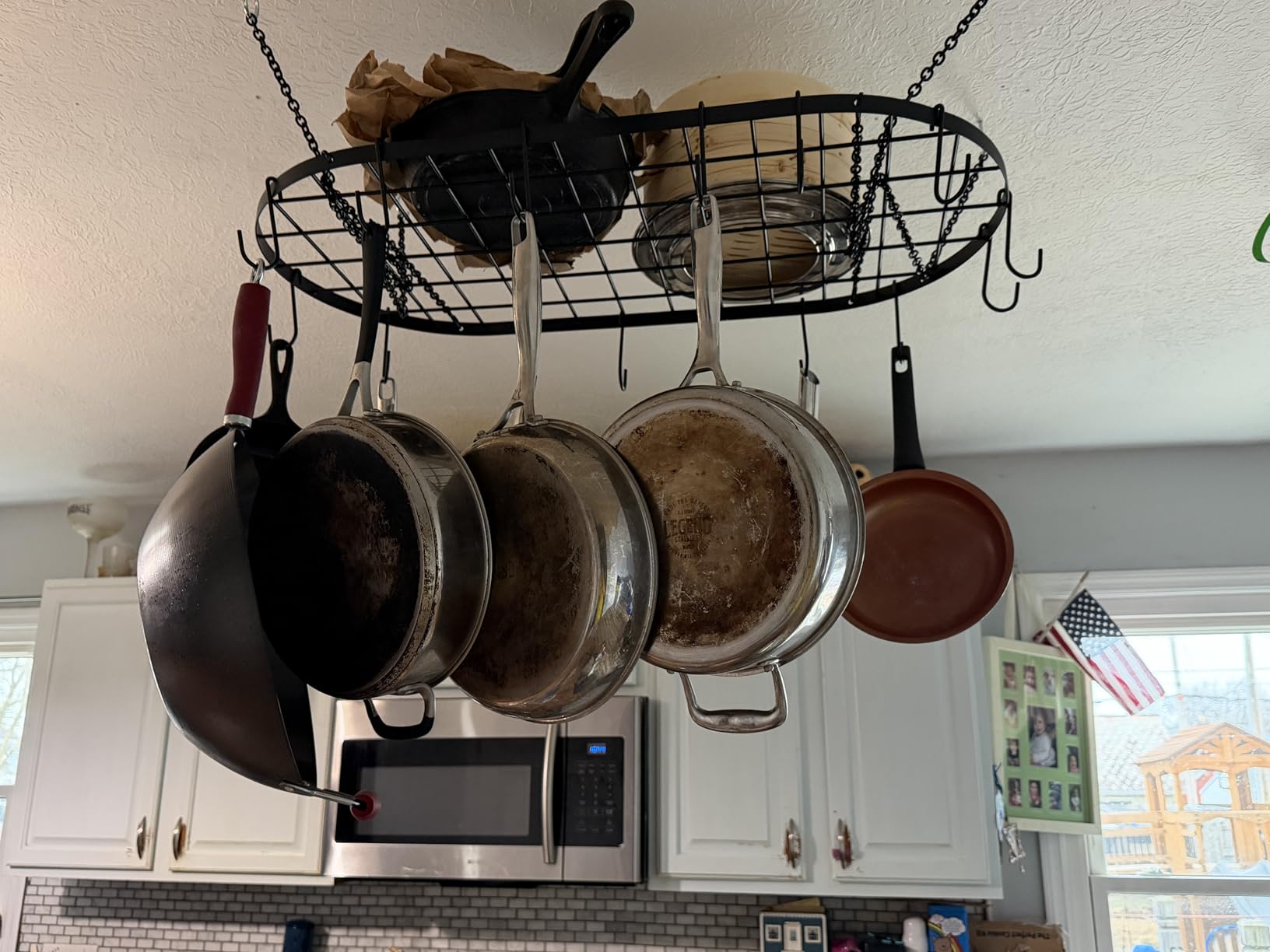 Vdomus Hanging Pot Rack - Ceiling Mount Kitchen Organizer for Pots and Pans with 15 Hooks - 33 x 17 Inches Heavy-Duty, Durable and Space-Saving Pan Holder - Silver customer photo 2