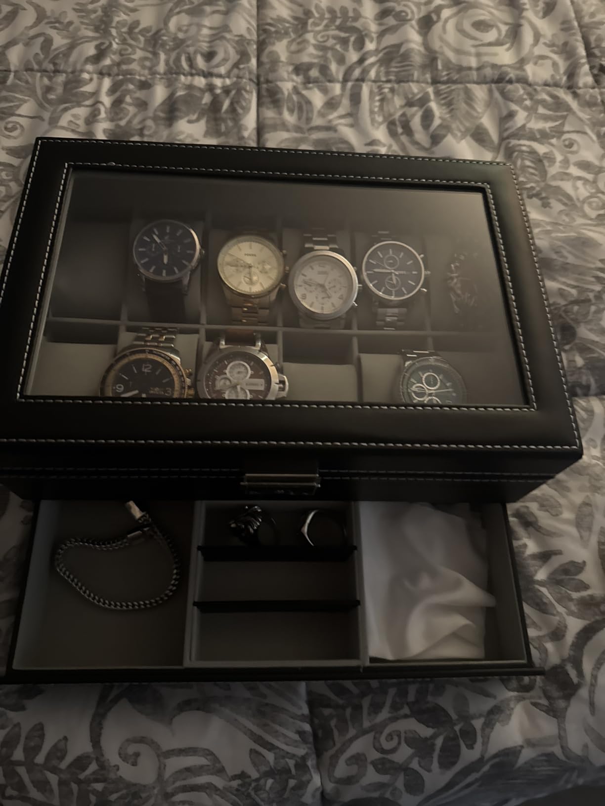 Ogrmar 12 Slot PU Leather Lockable Watch Storage Boxes, Men & Women Jewelry Display Drawer Case, 2-tier Organizer Watch Showcase with Glass Lid (Black) customer photo 1