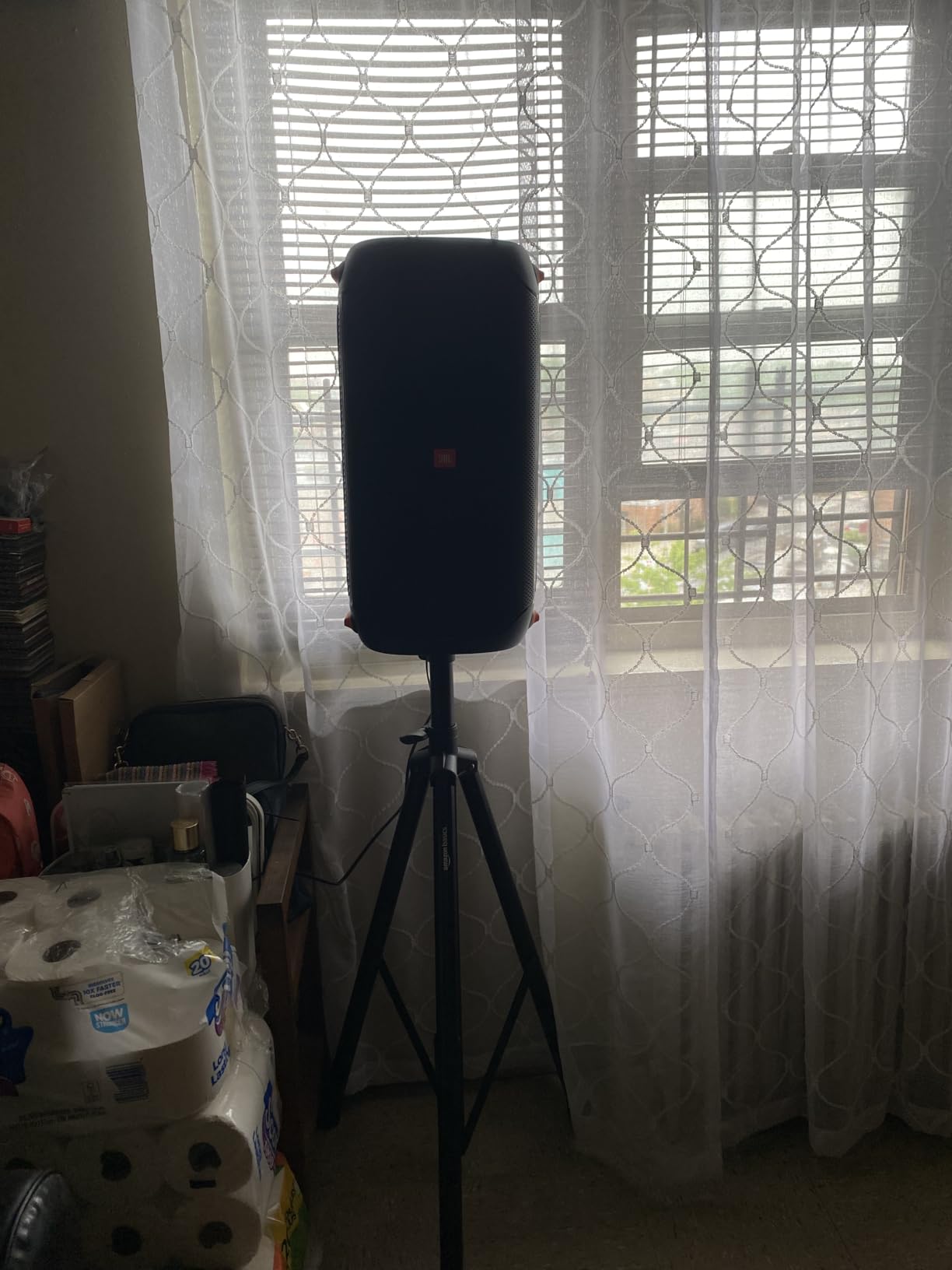 Amazon Basics Adjustable Height Tripod Speaker Stand, Sturdy Steel, Holds up to 99.2 lbs, 52