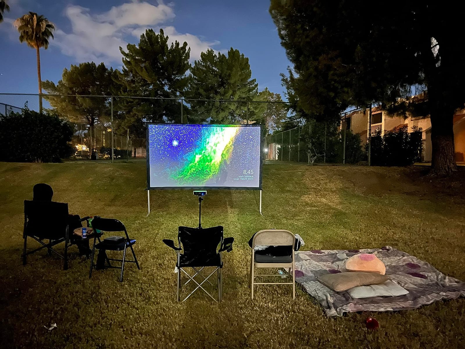 Projector Screen 120 inch, Outdoor Projector Screen with 3-Layers PVC | Polyester-Free Anti-Light 4K HD Screen, Sturdy Aluminum Frame, Easy Setup, Perfect for Poolside, Backyard, and Party Nights customer photo 1