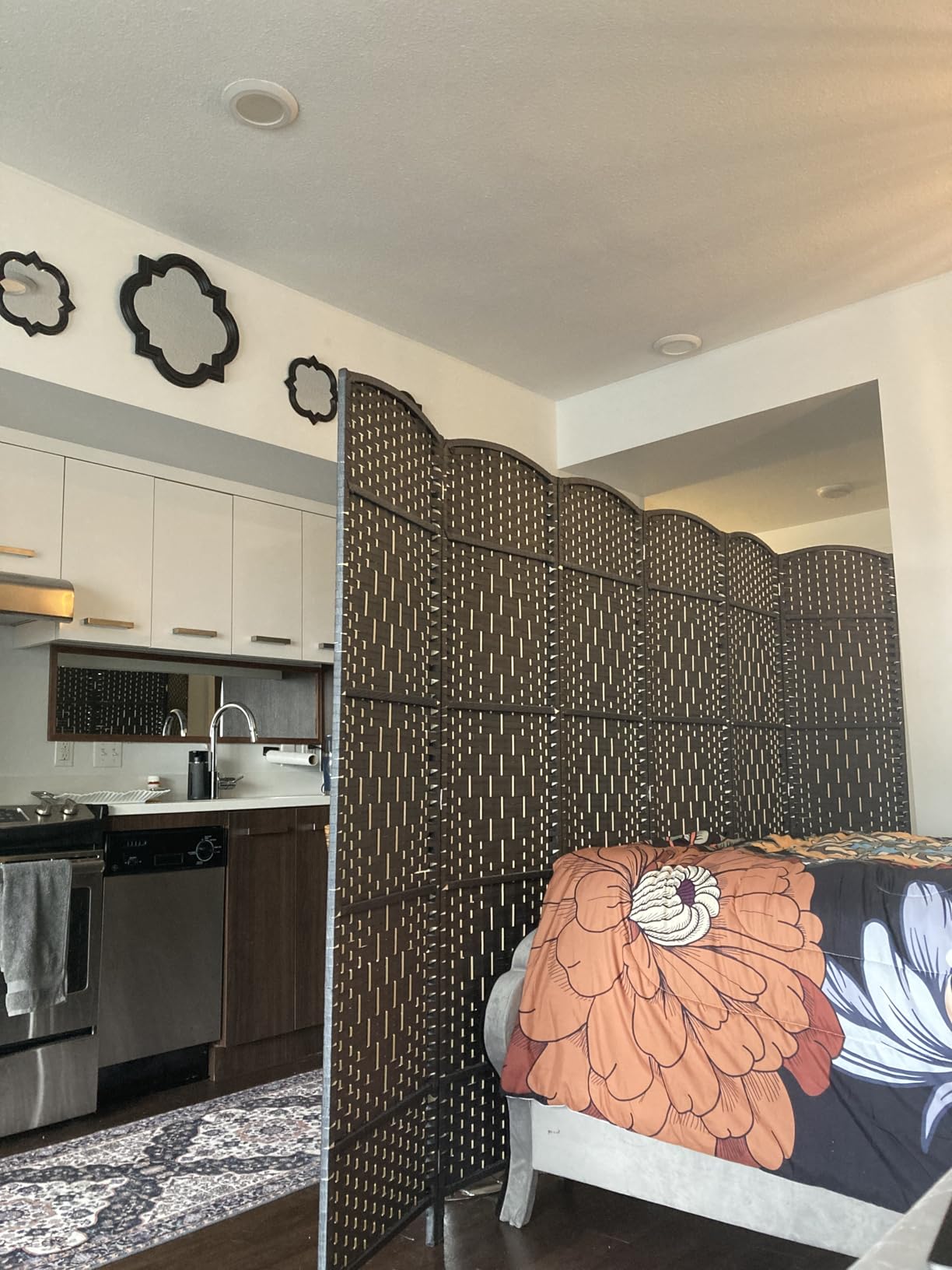 6 Panel Folding Room Divider,Woven Privacy Screen,Light Beige | Solid wood frame, handcrafted diamond pattern, 6FT tall, extends to 94.5 inches wide, no assembly required customer photo 2