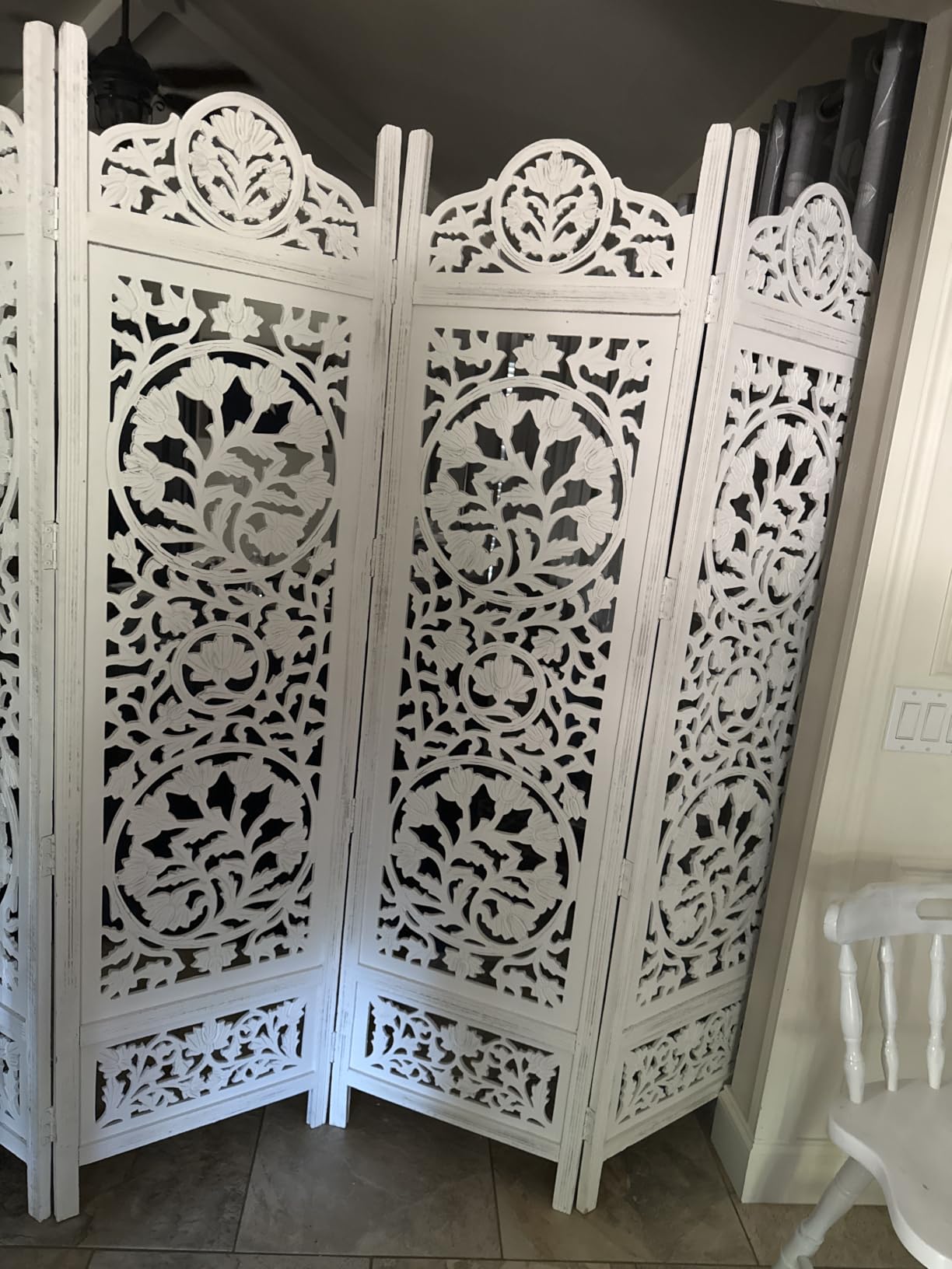 COTTON CRAFT Room Divider Wood Screen - Hand Carved Folding 4 Panels 72x80 | Ghanti Bells Antique Brown - Decorative Functional Assembled Portable Partition - Reversible Boho Freestanding Privacy Screen customer photo 2