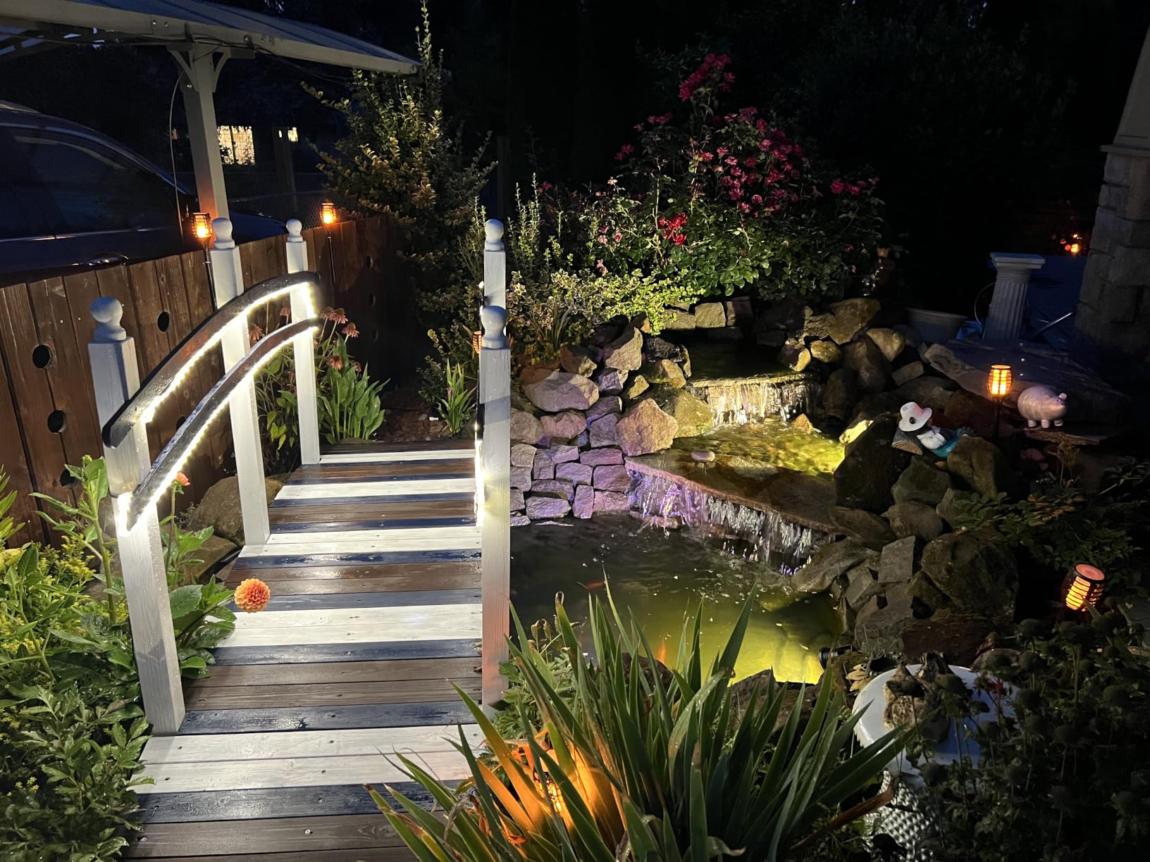 VINGLI 5 ft Garden Bridge, Classic Wooden Arch with Safety Rails Stained Finished Footbridge, Decorative Pond Landscaping, Backyard, Creek or Farm customer photo 1